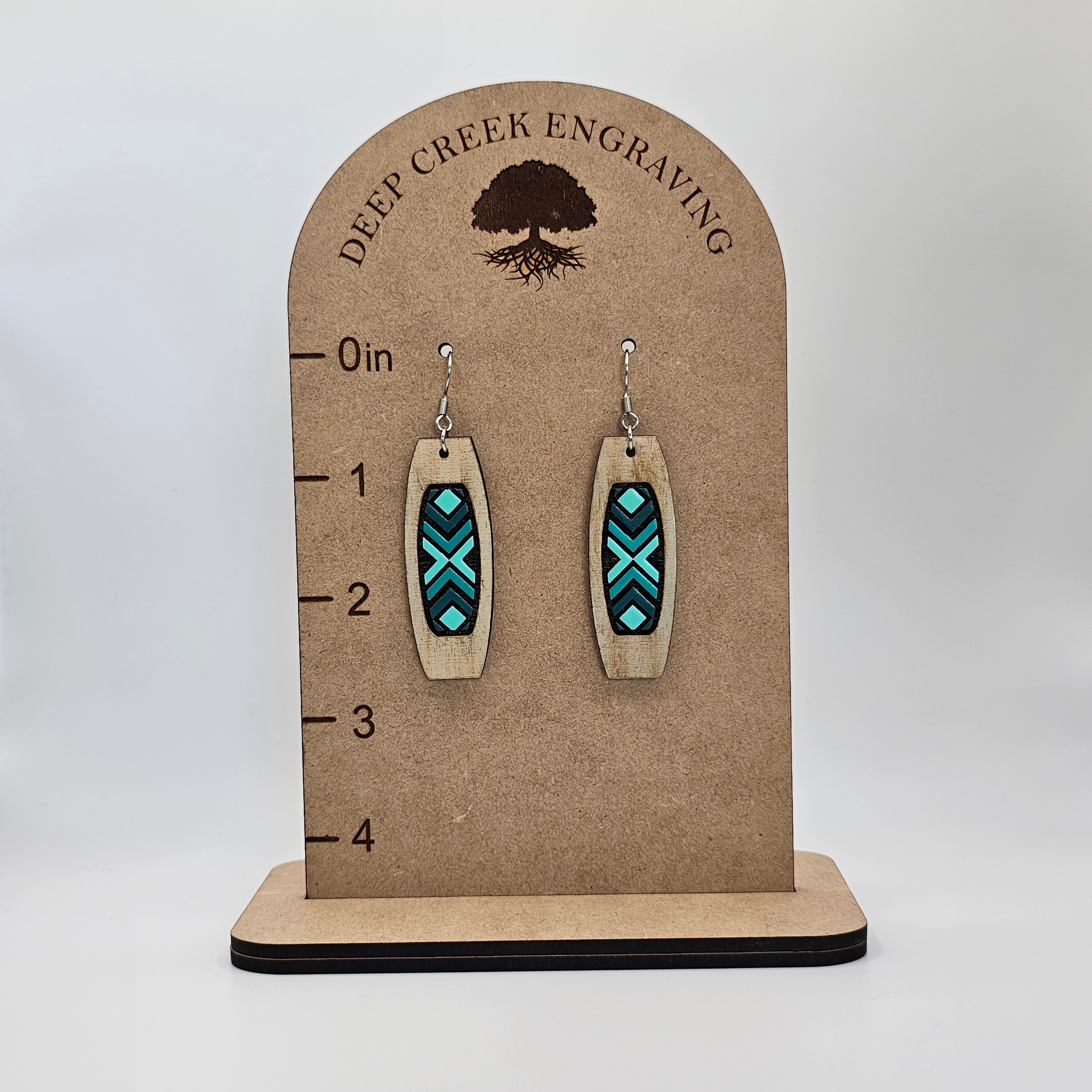Turquoise Geometric Column Dangle Earrings | Laser Engraved Wood | Surgical Steel - DEHSC4-T