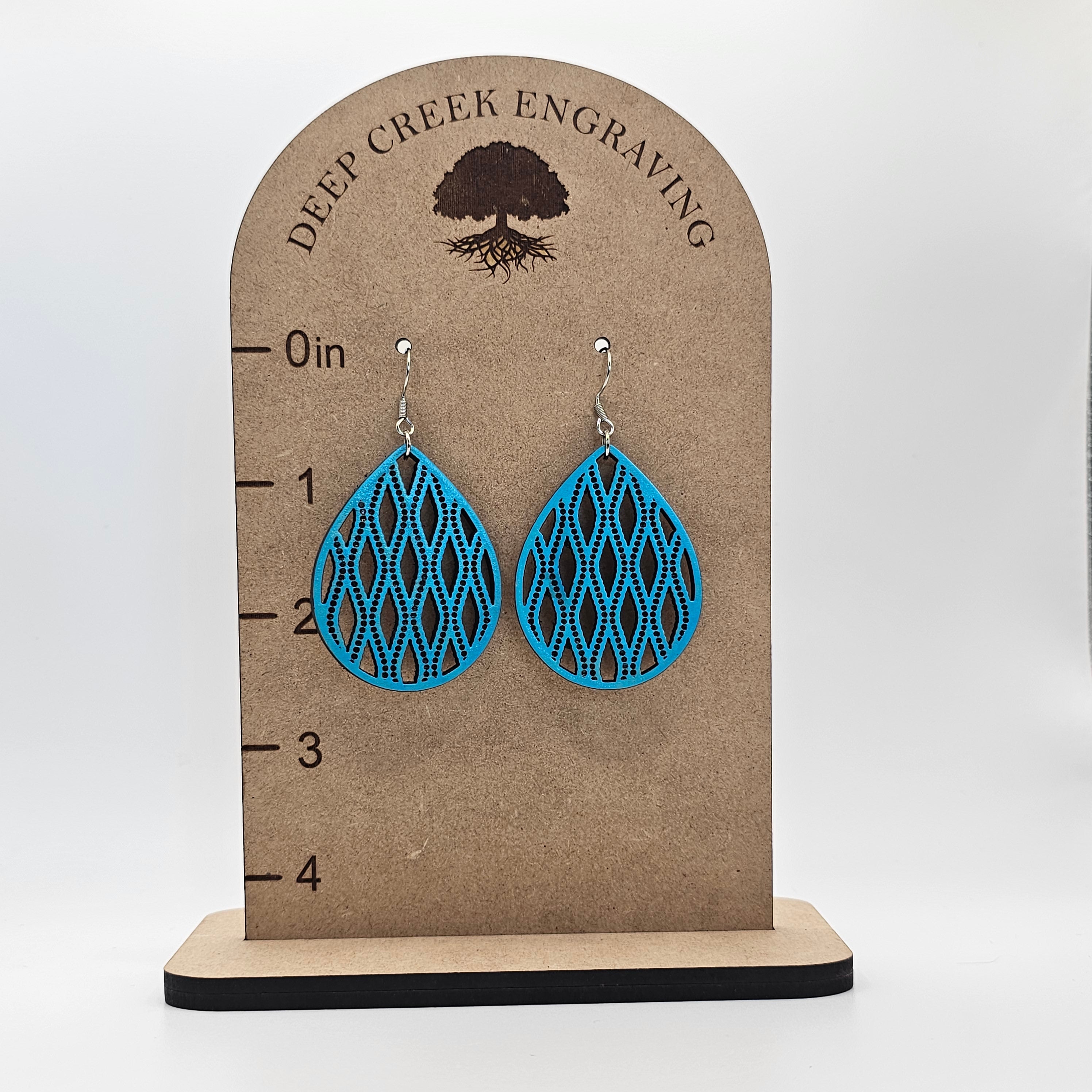 Turquoise Lattice Teardrop Dangle Earrings | Laser Engraved Wood | Surgical Steel - DEHSC6