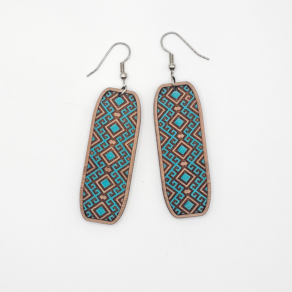 Turquoise Tribal Bar Dangle Earrings | Laser Engraved Wood | Surgical Steel - DEHSC7-S