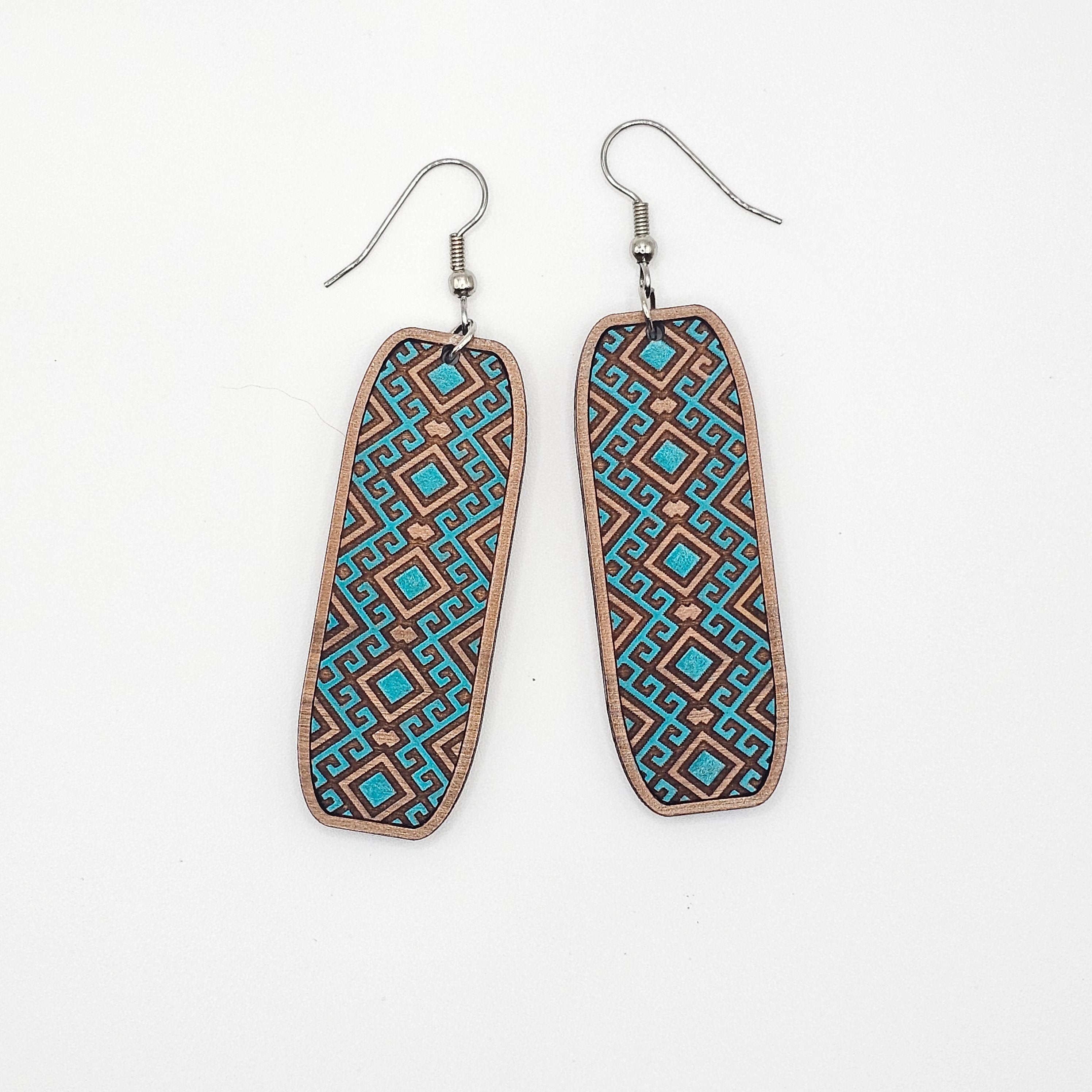 Turquoise Tribal Bar Dangle Earrings | Laser Engraved Wood | Surgical Steel - DEHSC7-S