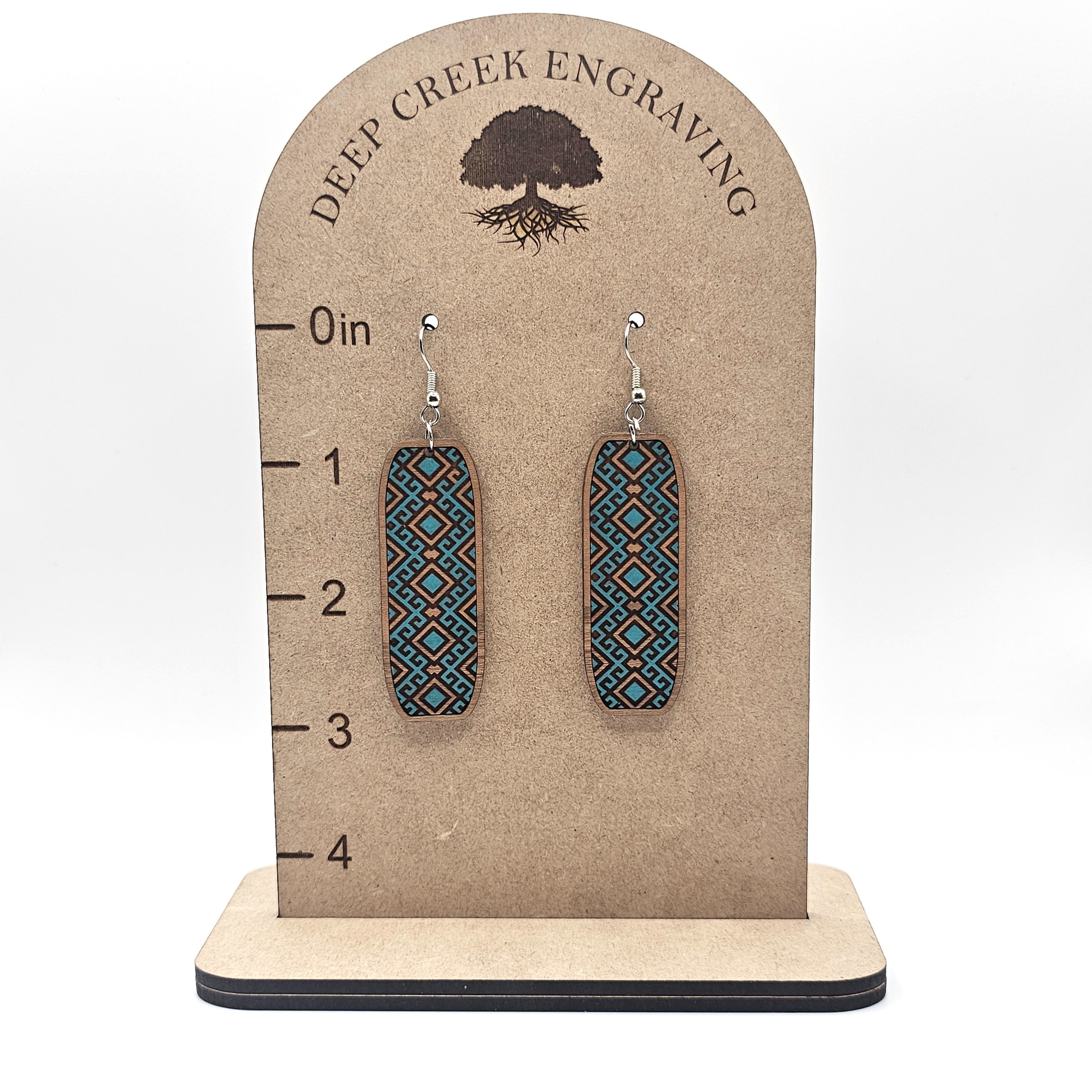 Turquoise Tribal Bar Dangle Earrings | Laser Engraved Wood | Surgical Steel - DEHSC7-S