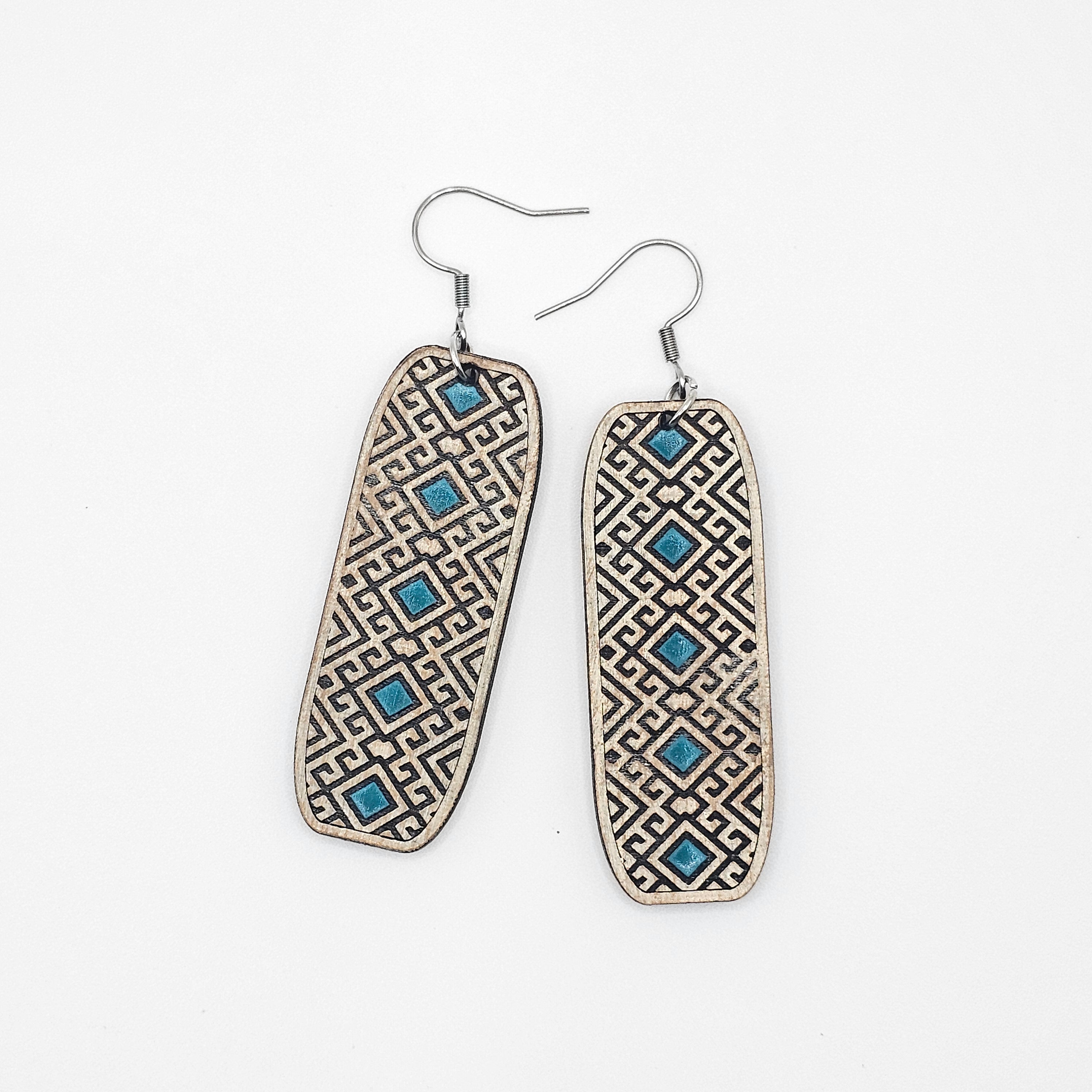 Teal Accent Tribal Bar Dangle Earrings | Laser Engraved Wood | Surgical Steel - DEHSC7-T