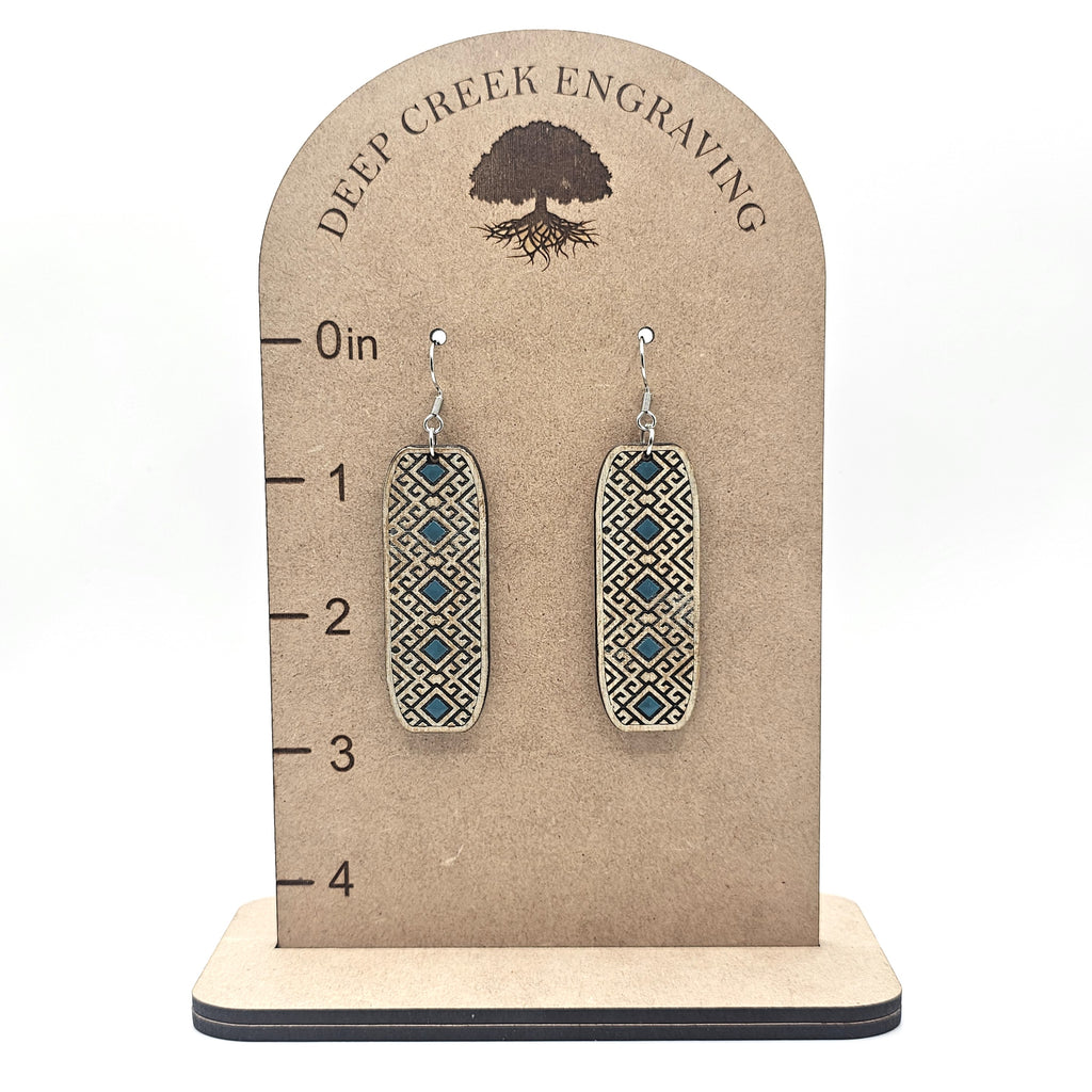 Teal Accent Tribal Bar Dangle Earrings | Laser Engraved Wood | Surgical Steel - DEHSC7-T