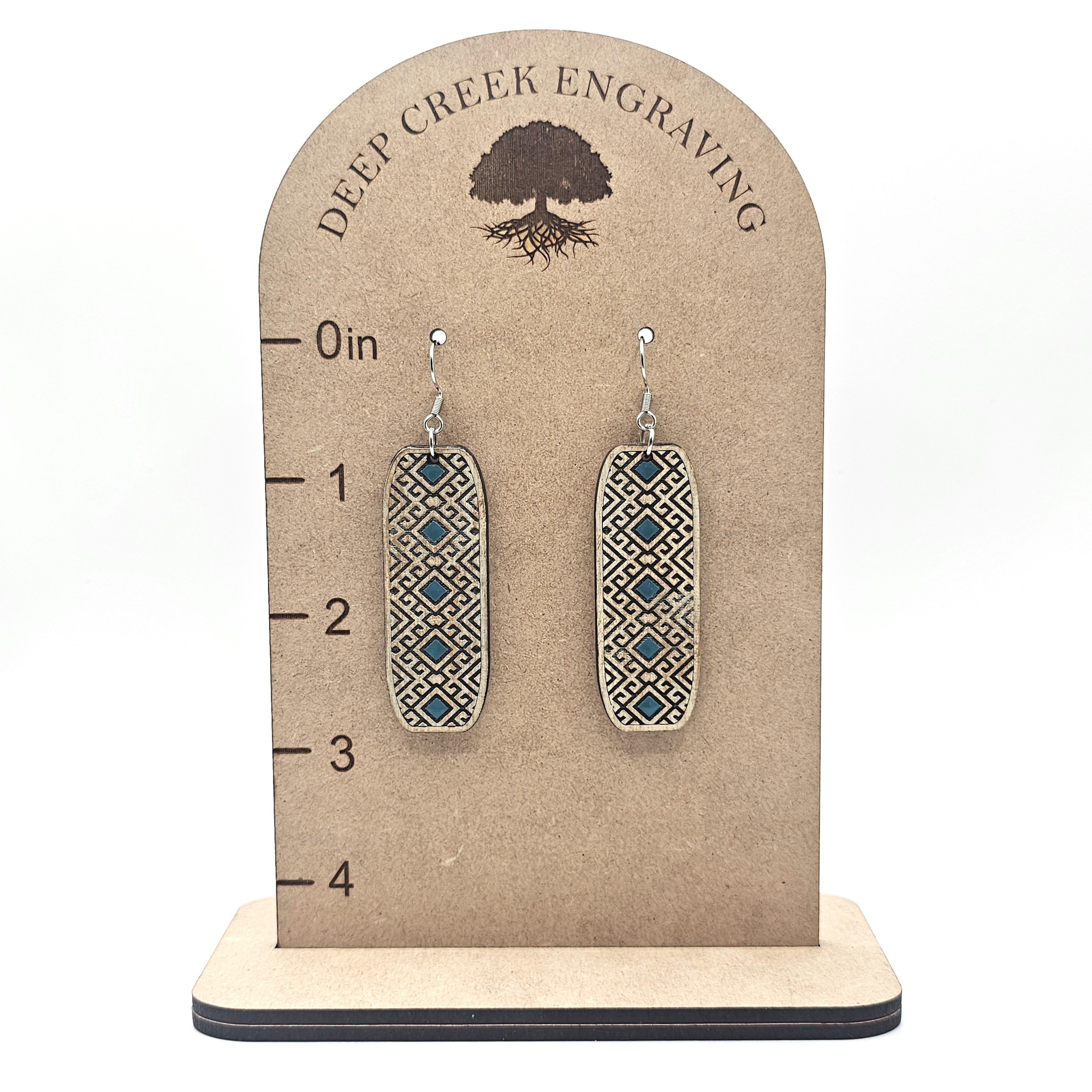 Teal Accent Tribal Bar Dangle Earrings | Laser Engraved Wood | Surgical Steel - DEHSC7-T