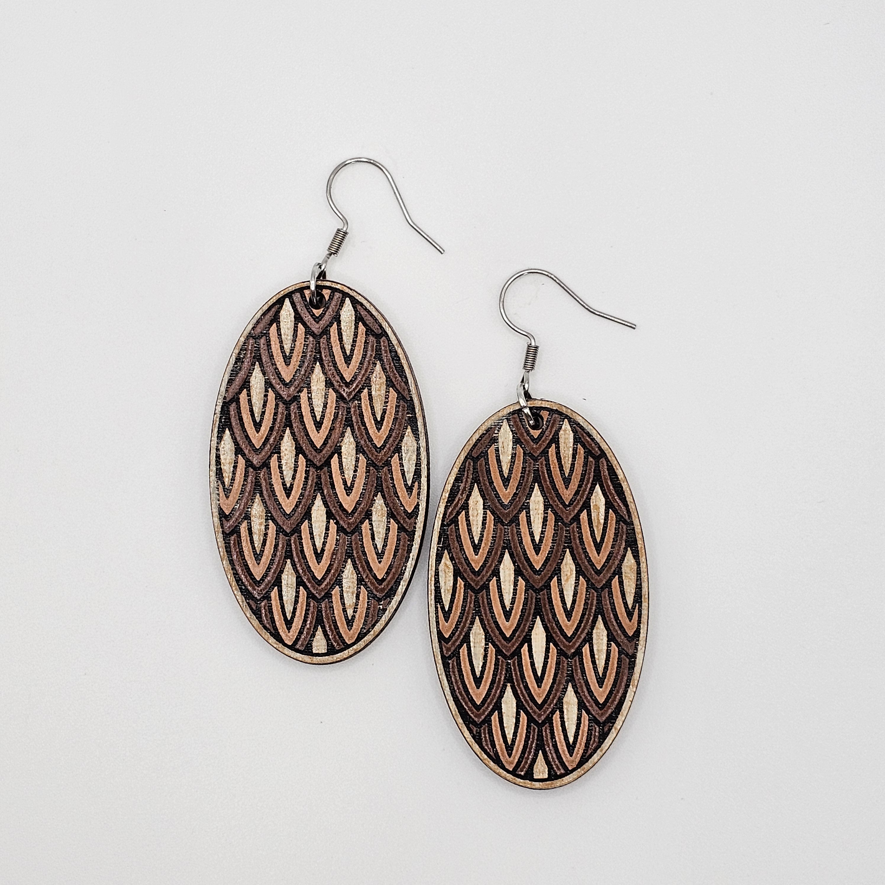 Scale Pattern Oval Dangle Earrings | Espresso | Laser Engraved Wood | Surgical Steel - DEHSC8-B