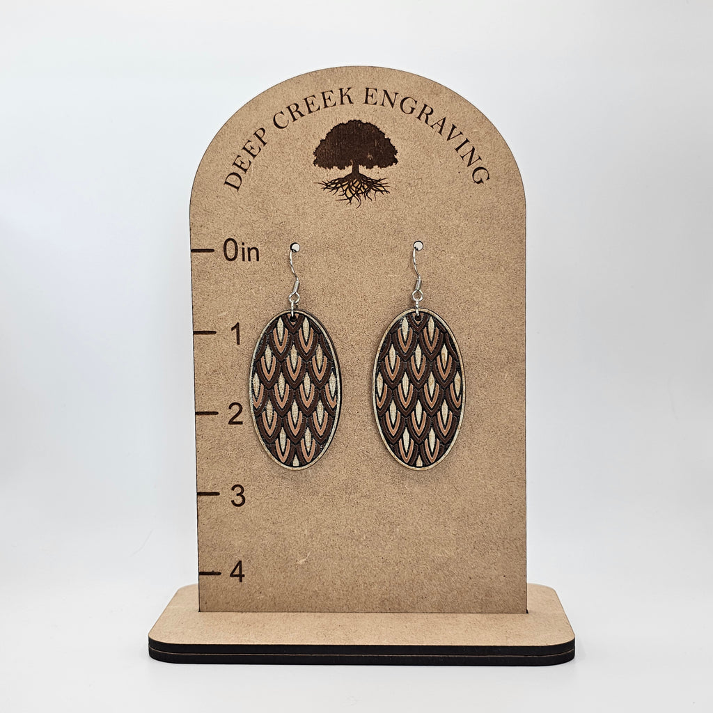 Scale Pattern Oval Dangle Earrings | Espresso | Laser Engraved Wood | Surgical Steel - DEHSC8-B