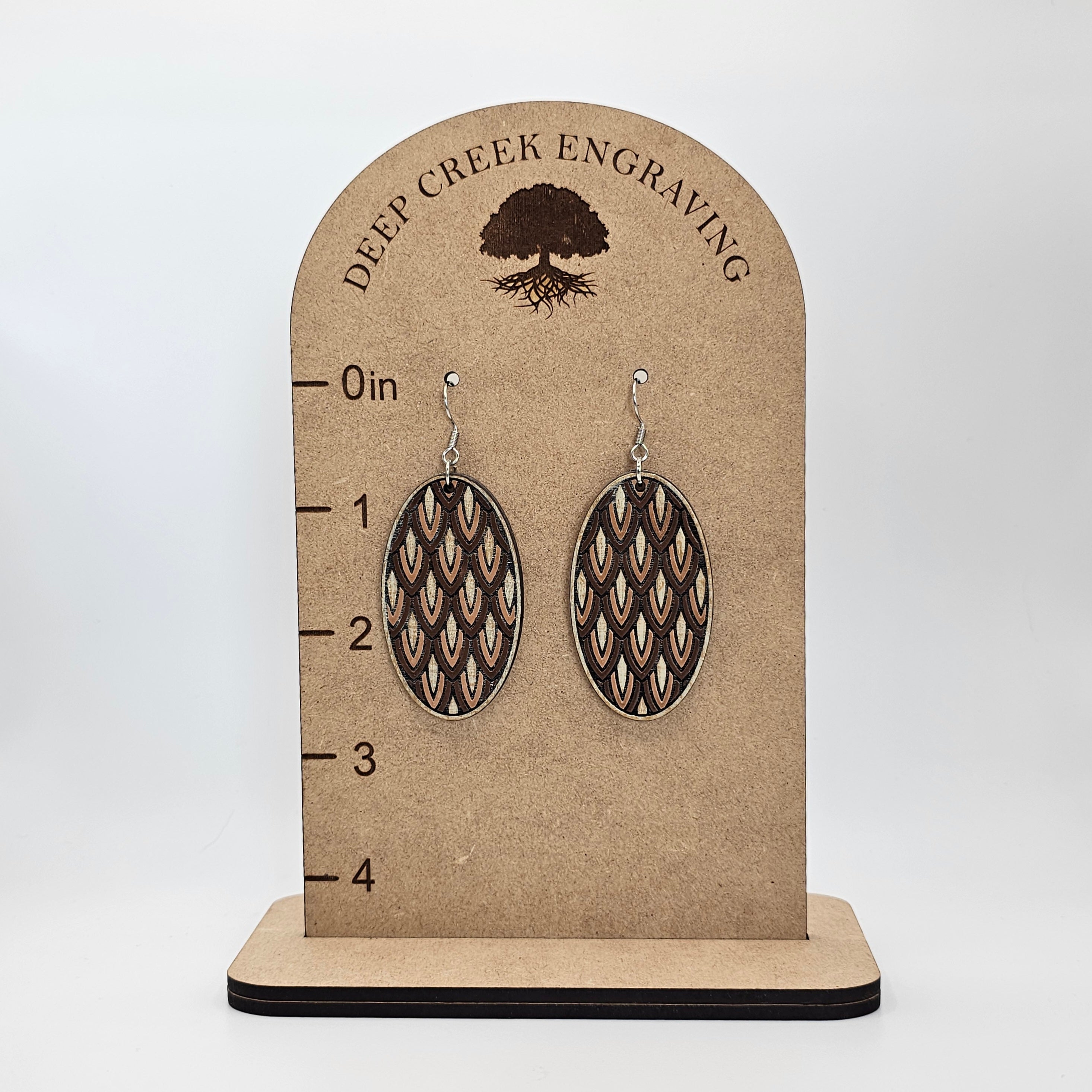 Scale Pattern Oval Dangle Earrings | Espresso | Laser Engraved Wood | Surgical Steel - DEHSC8-B