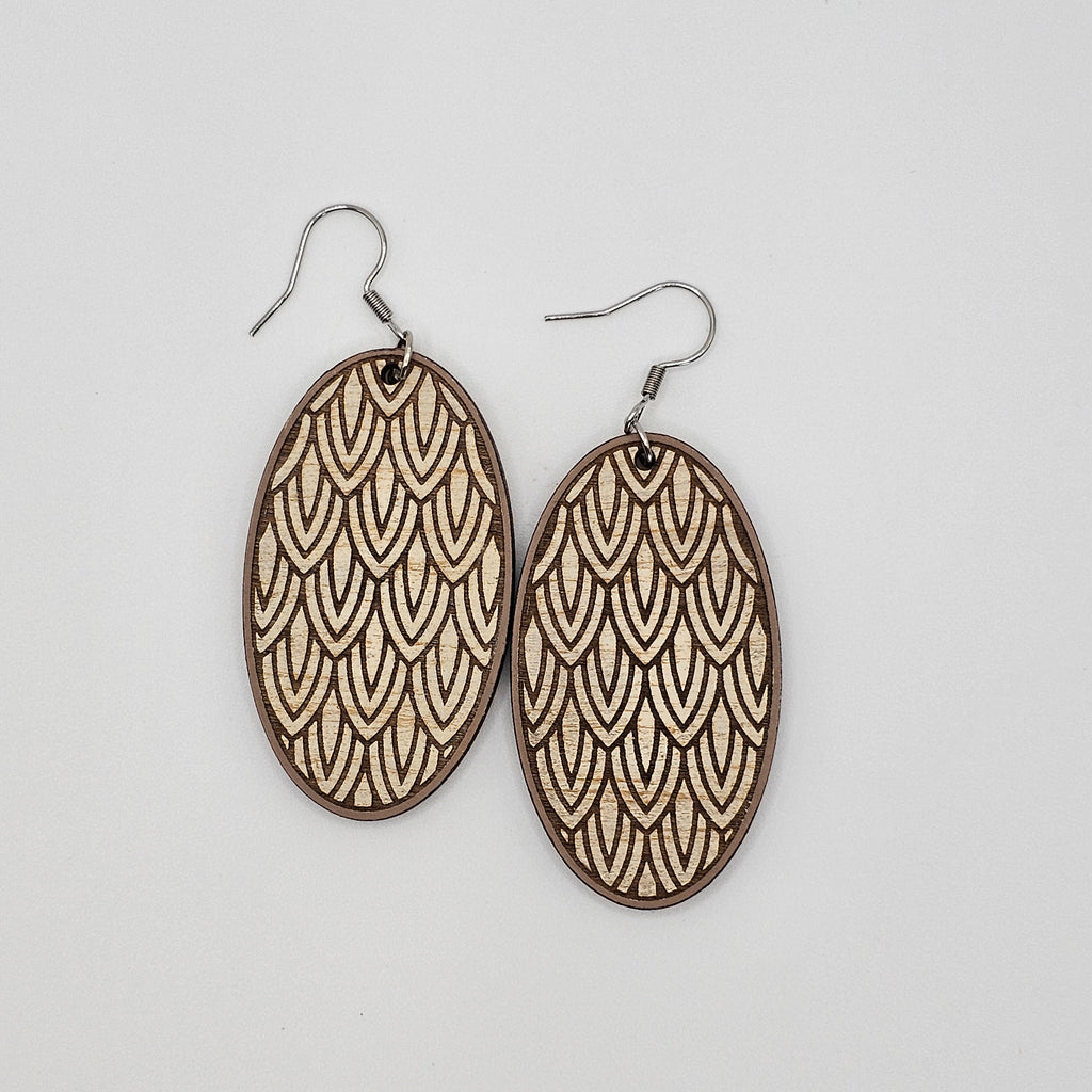 Scale Pattern Oval Dangle Earrings | Laser Engraved Wood | Surgical Steel - DEHSC8-T