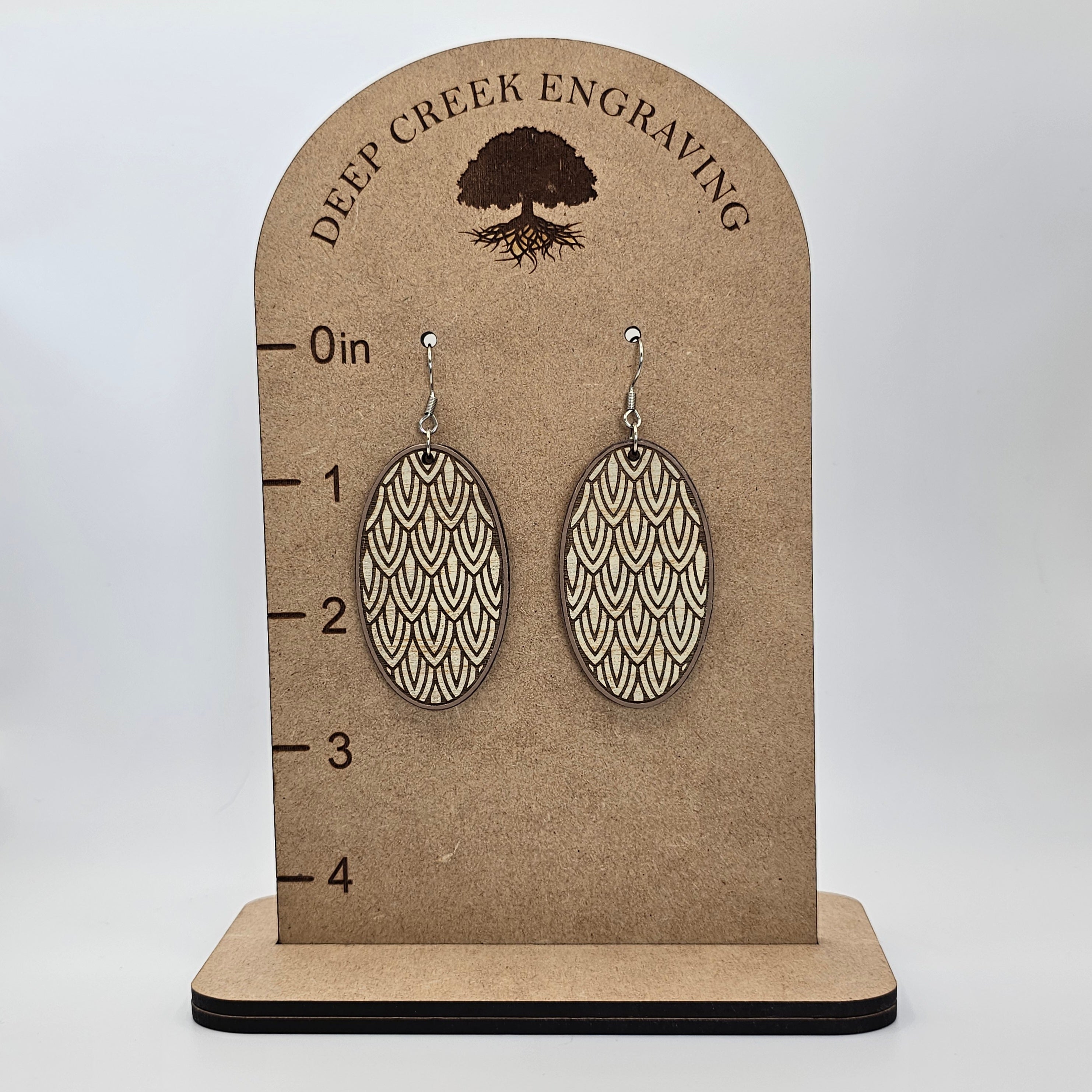Scale Pattern Oval Dangle Earrings | Laser Engraved Wood | Surgical Steel - DEHSC8-T