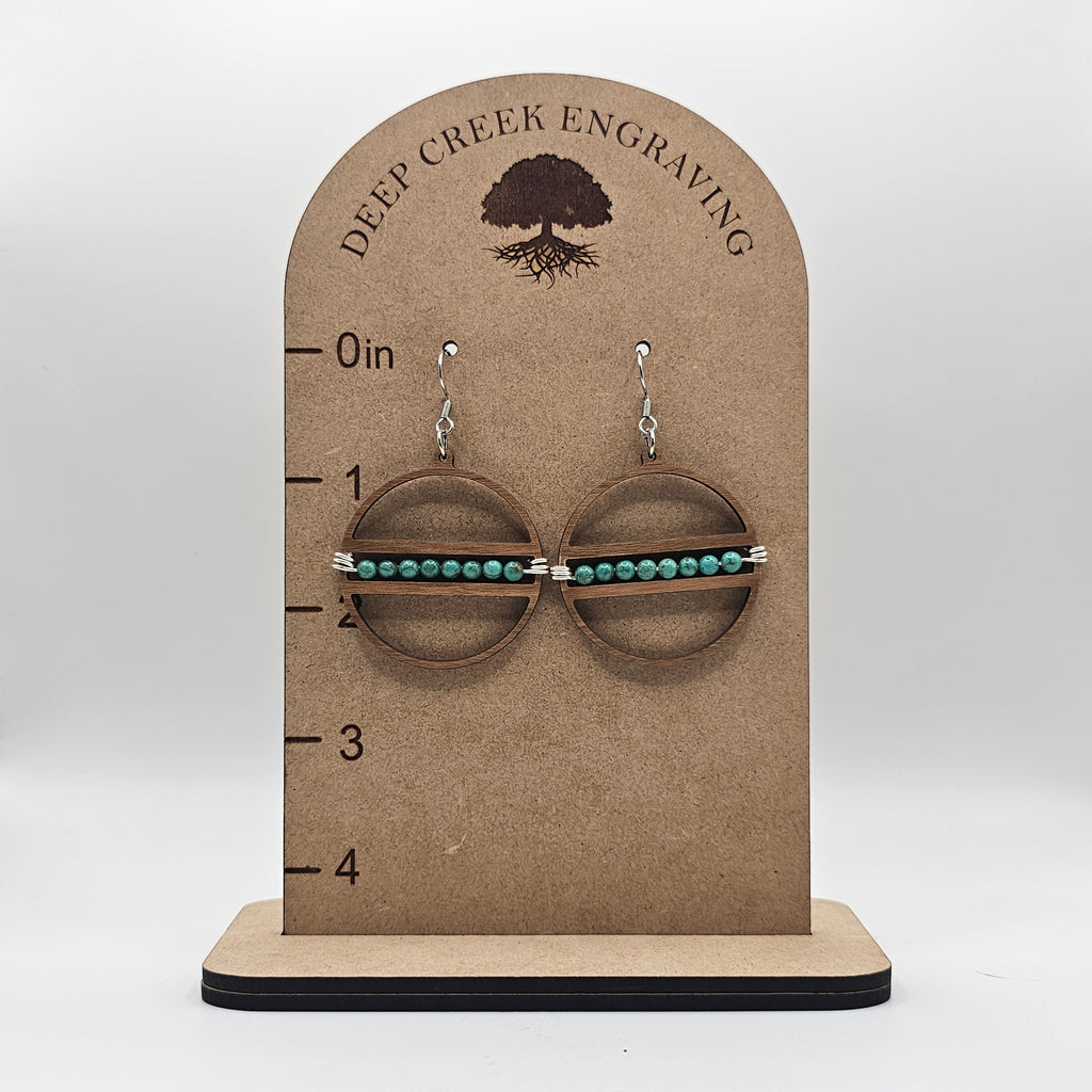 Circle Beaded Dangle Earrings | Laser Cut Wood | Turquoise Stone Beads | Surgical Steel - DEWCR2