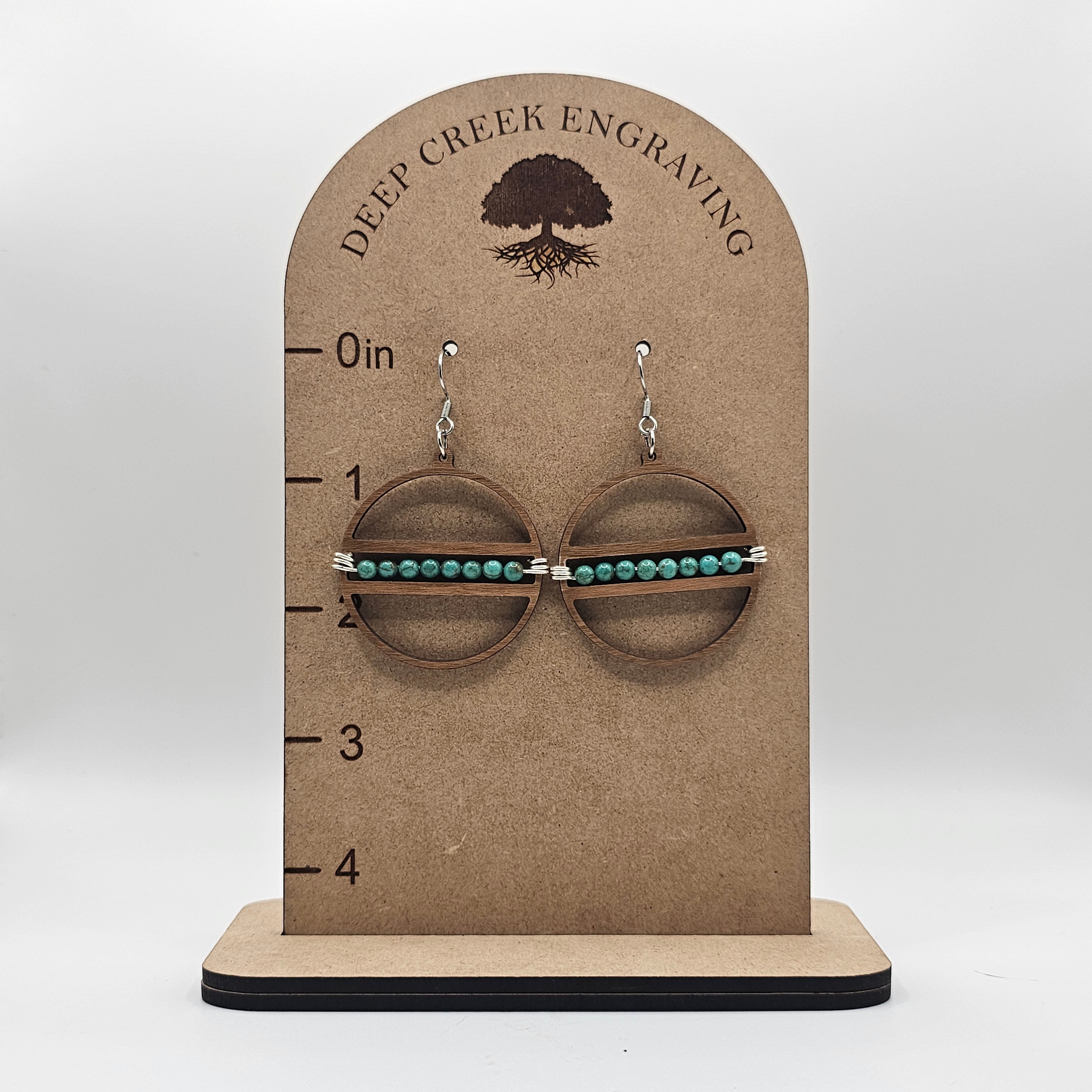 Circle Beaded Dangle Earrings | Laser Cut Wood | Turquoise Stone Beads | Surgical Steel - DEWCR2