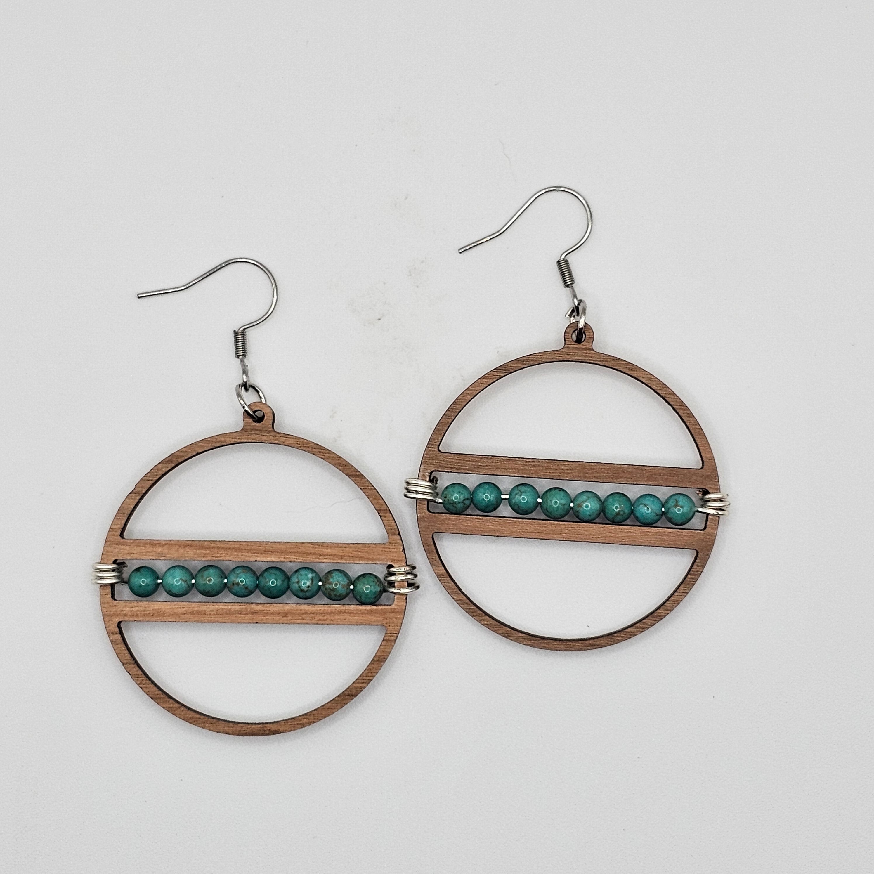 Circle Beaded Dangle Earrings | Laser Cut Wood | Turquoise Stone Beads | Surgical Steel - DEWCR2