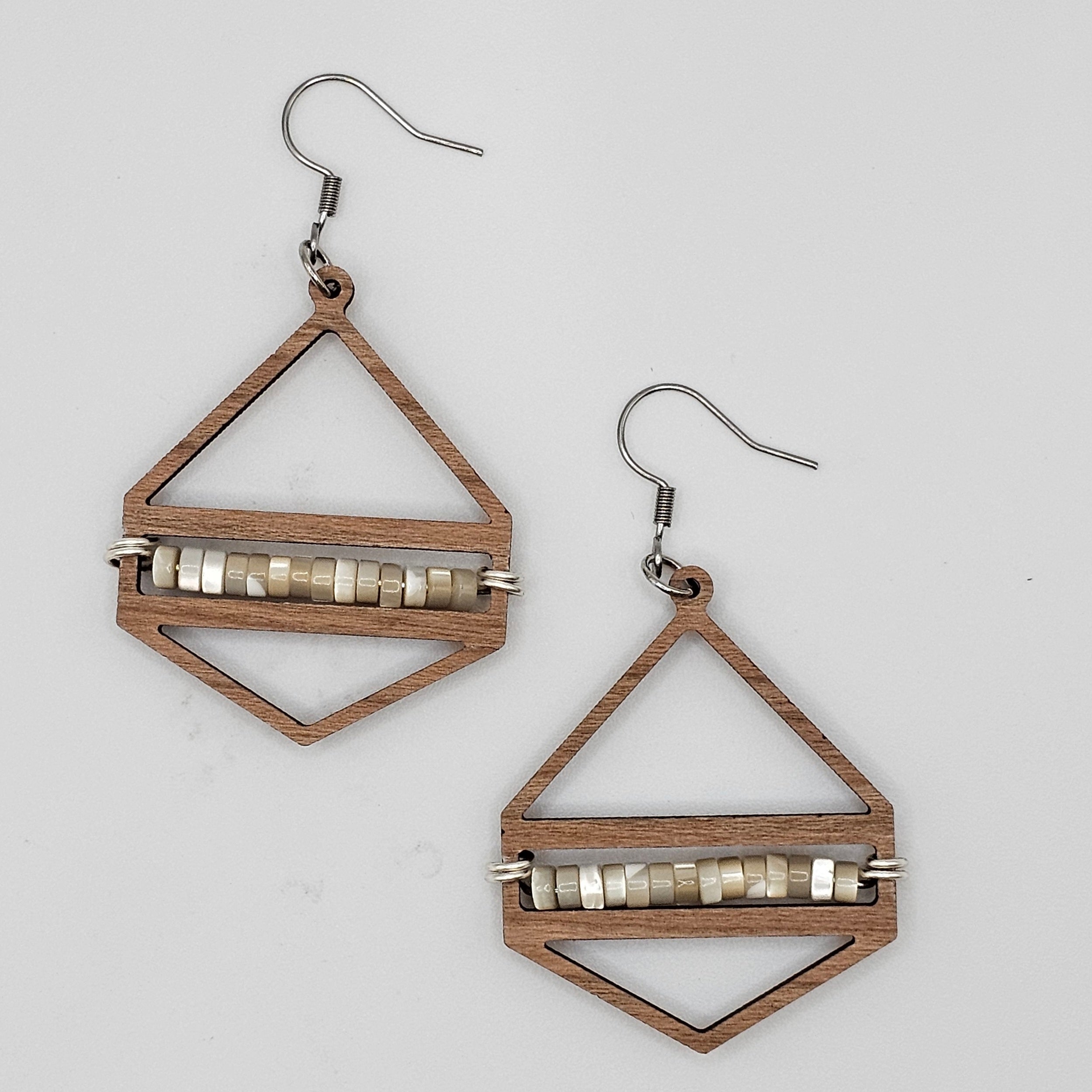 Diamond Beaded Dangle Earrings | Laser Cut Wood | Shell Beads | Surgical Steel - DEWCR3