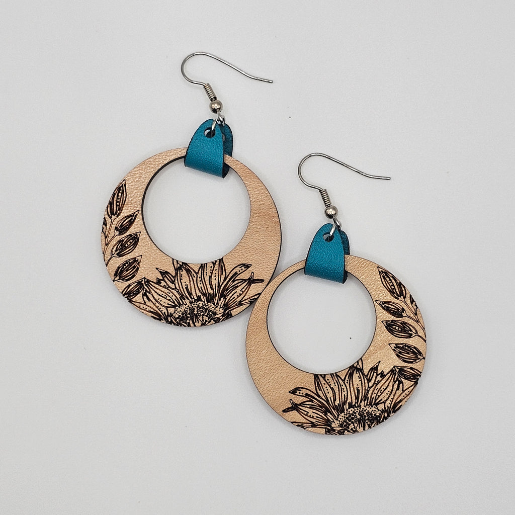 Sunflower Breeze Hoop Dangle Earrings | Laser Engraved Wood & Leather | Surgical Steel - DEWMS3