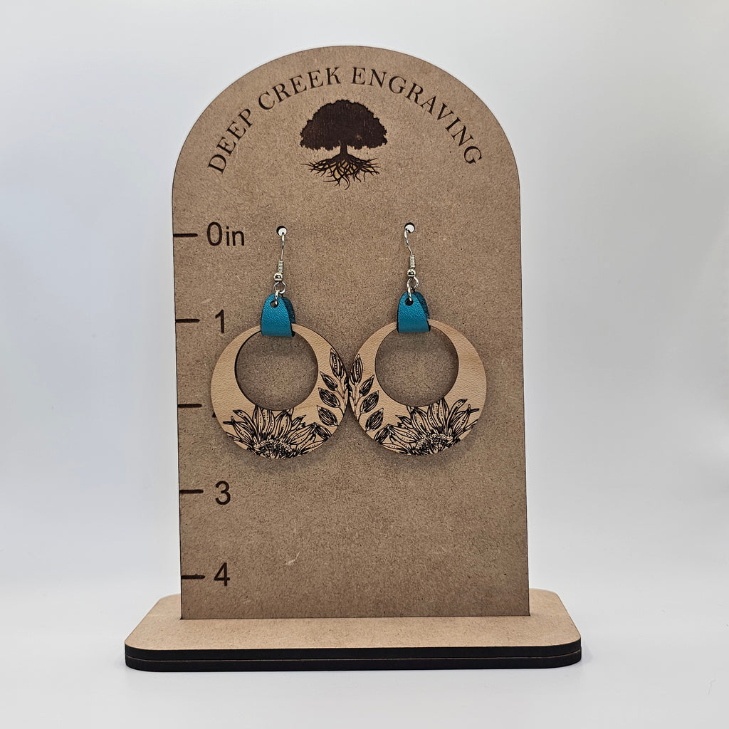 Sunflower Breeze Hoop Dangle Earrings | Laser Engraved Wood & Leather | Surgical Steel - DEWMS3