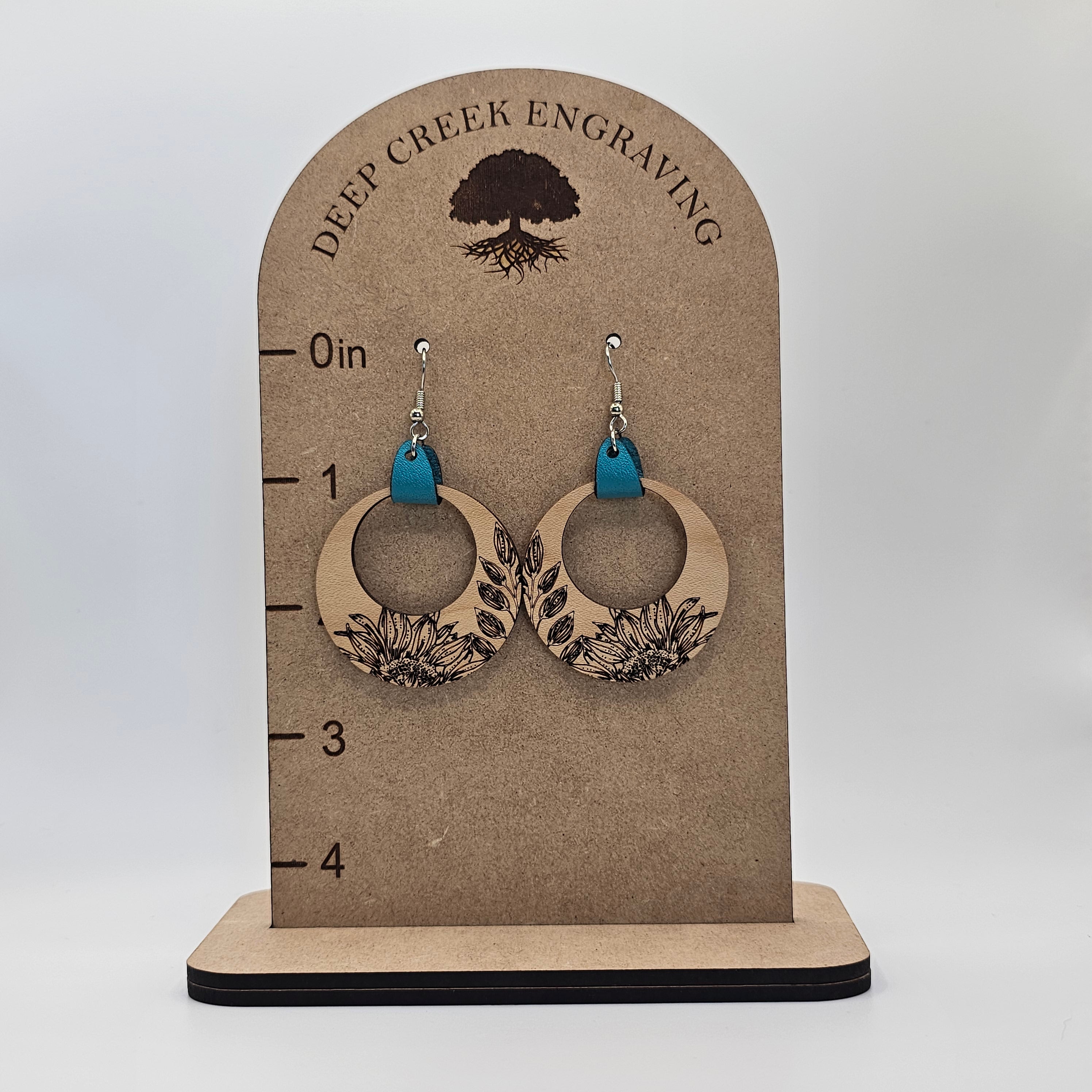 Sunflower Breeze Hoop Dangle Earrings | Laser Engraved Wood & Leather | Surgical Steel - DEWMS3