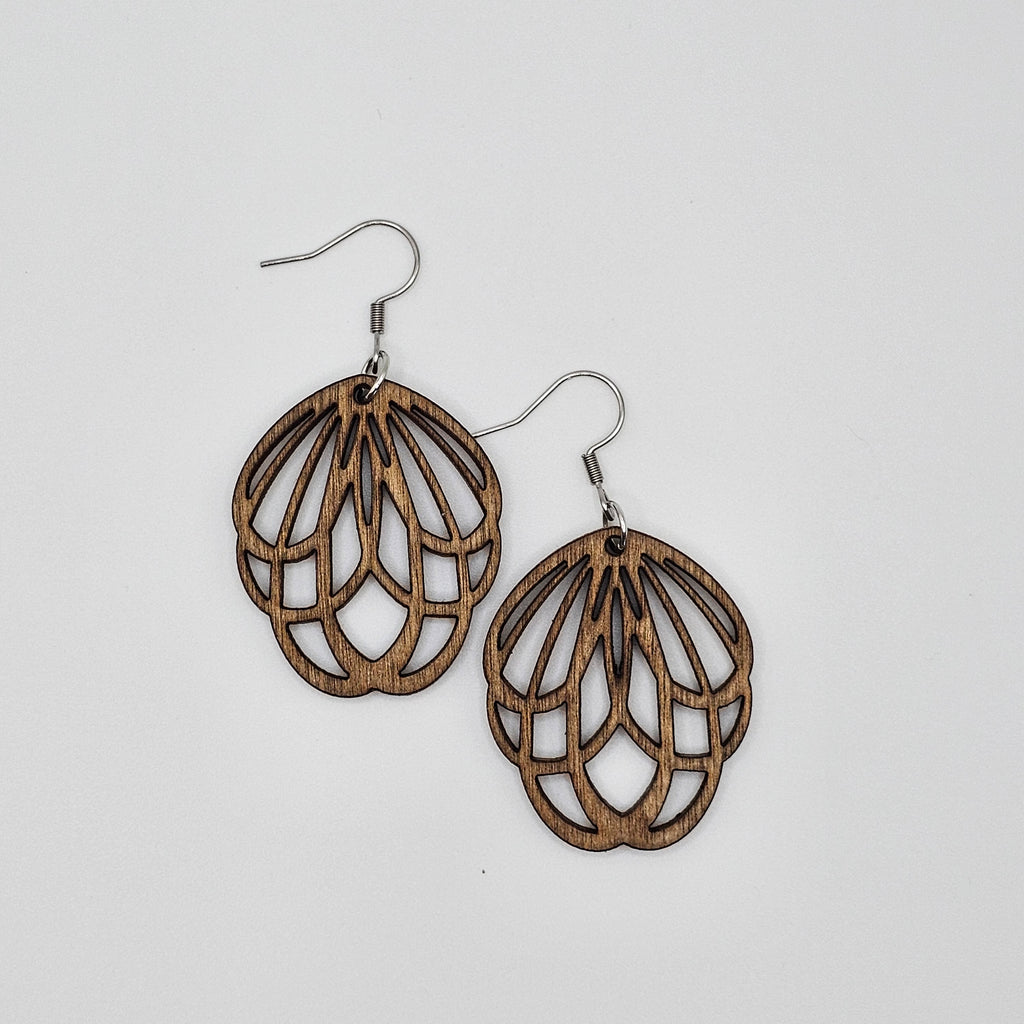 Natural Wood Lotus Drop Dangle Earrings | Laser Cut Wood | Surgical Steel - DEWPP39