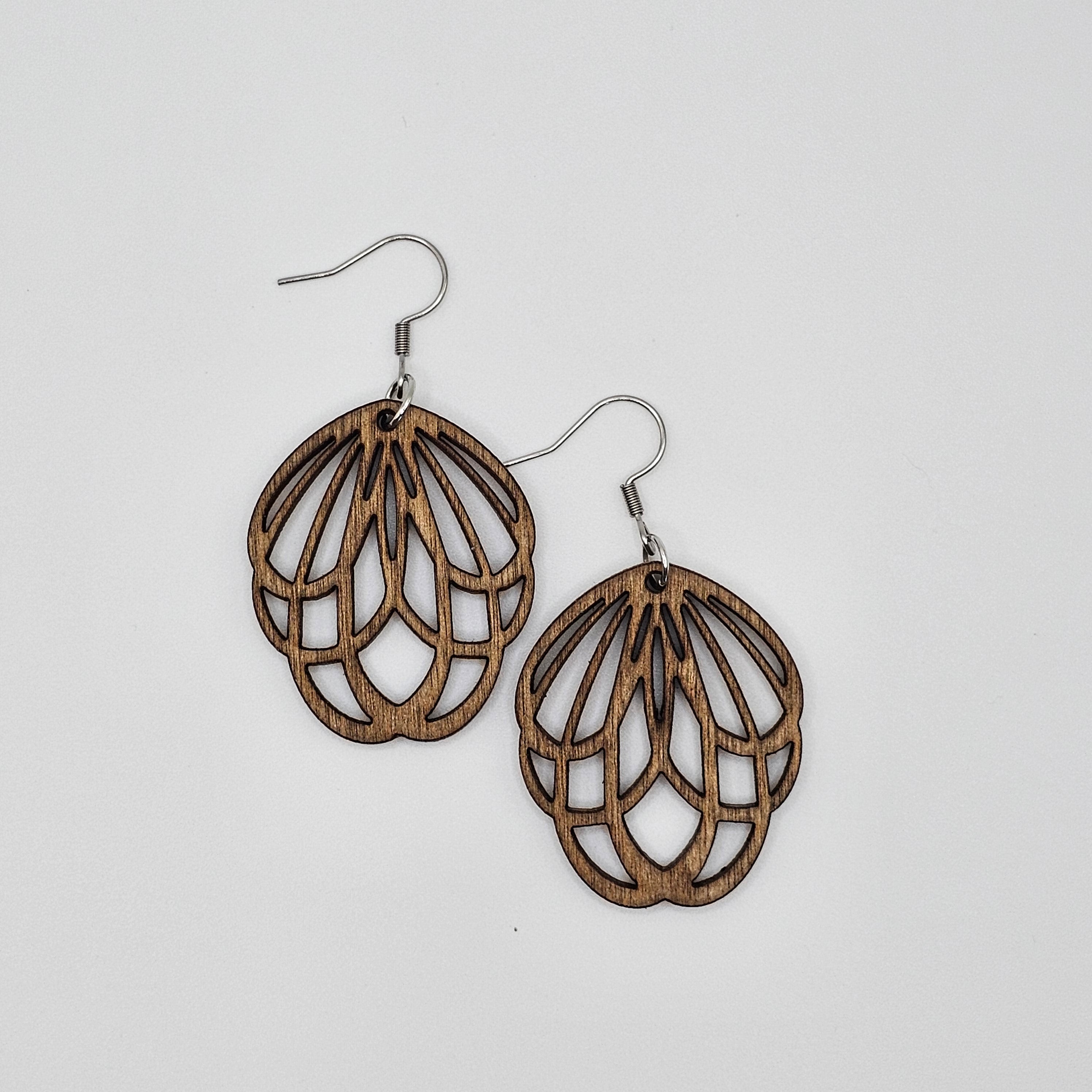 Natural Wood Lotus Drop Dangle Earrings | Laser Cut Wood | Surgical Steel - DEWPP39