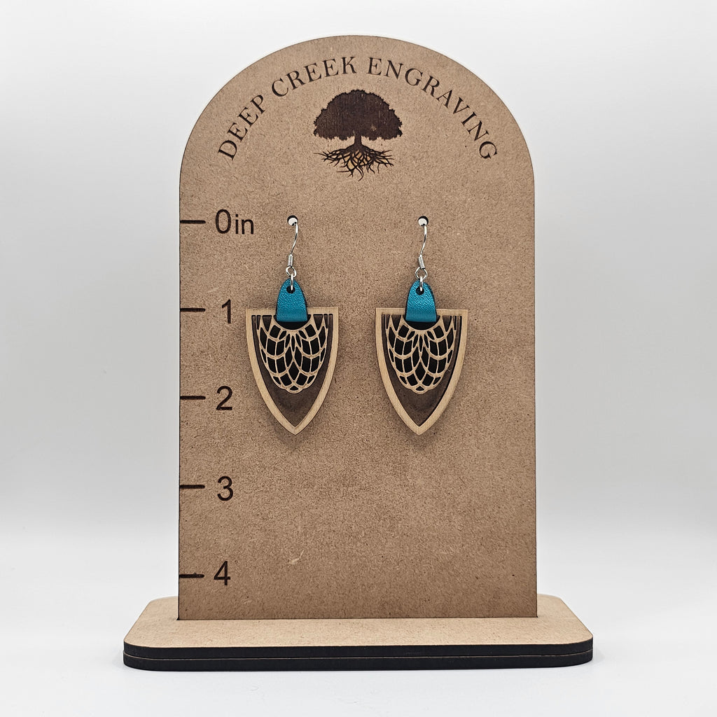 Arrowhead Shield Dangle Earrings | Laser Engraved Wood | Surgical Steel - DEWSC01