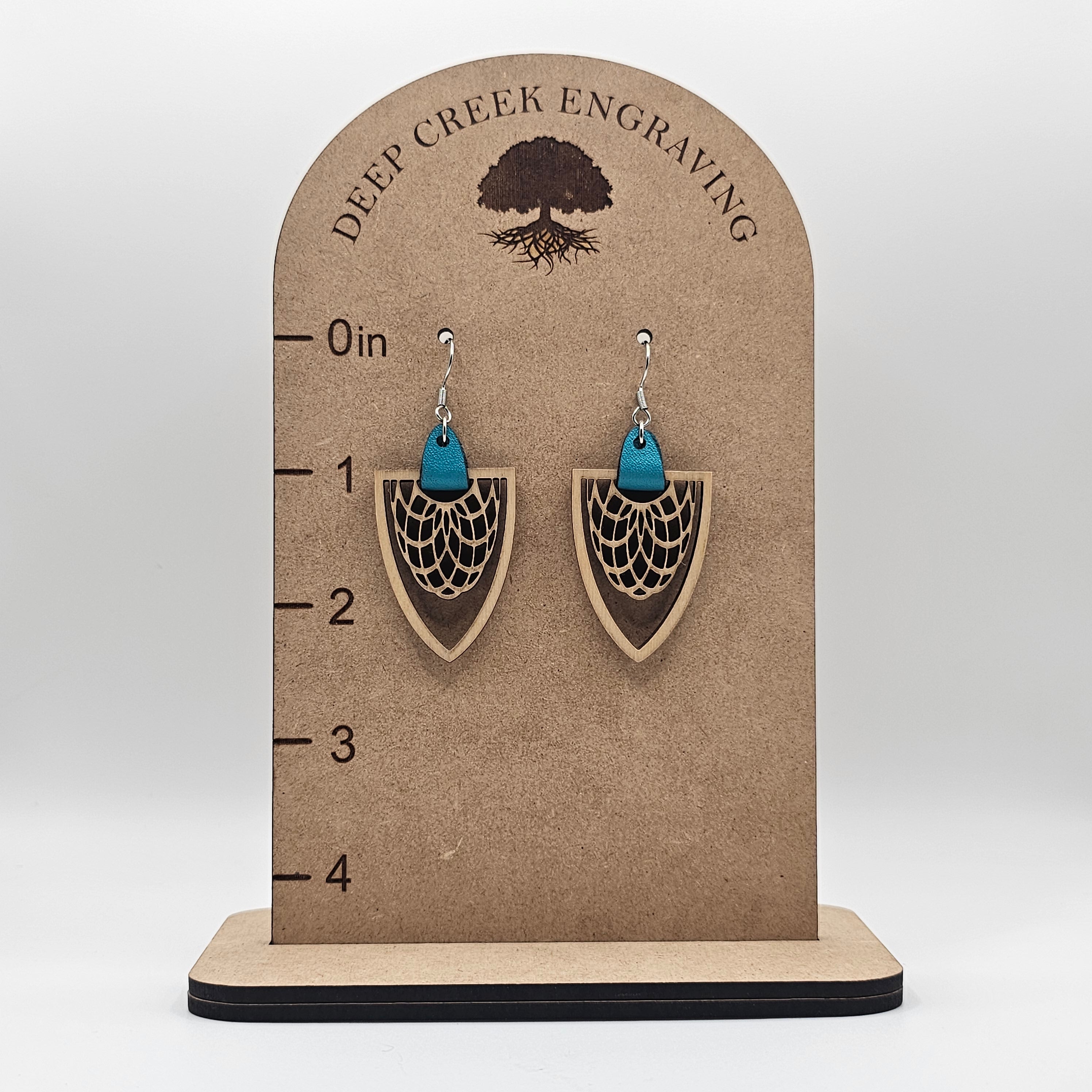 Arrowhead Shield Dangle Earrings | Laser Engraved Wood | Surgical Steel - DEWSC01