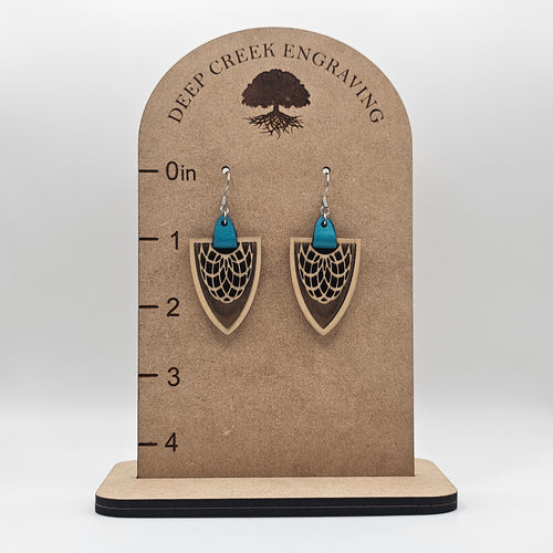 Arrowhead Shield Dangle Earrings | Laser Engraved Wood | Surgical Steel - DEWSC01