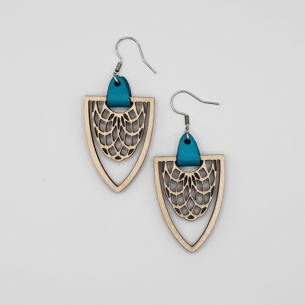 Arrowhead Shield Dangle Earrings | Laser Engraved Wood | Surgical Steel - DEWSC01