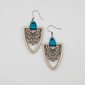 Arrowhead Shield Dangle Earrings | Laser Engraved Wood | Surgical Steel - DEWSC01