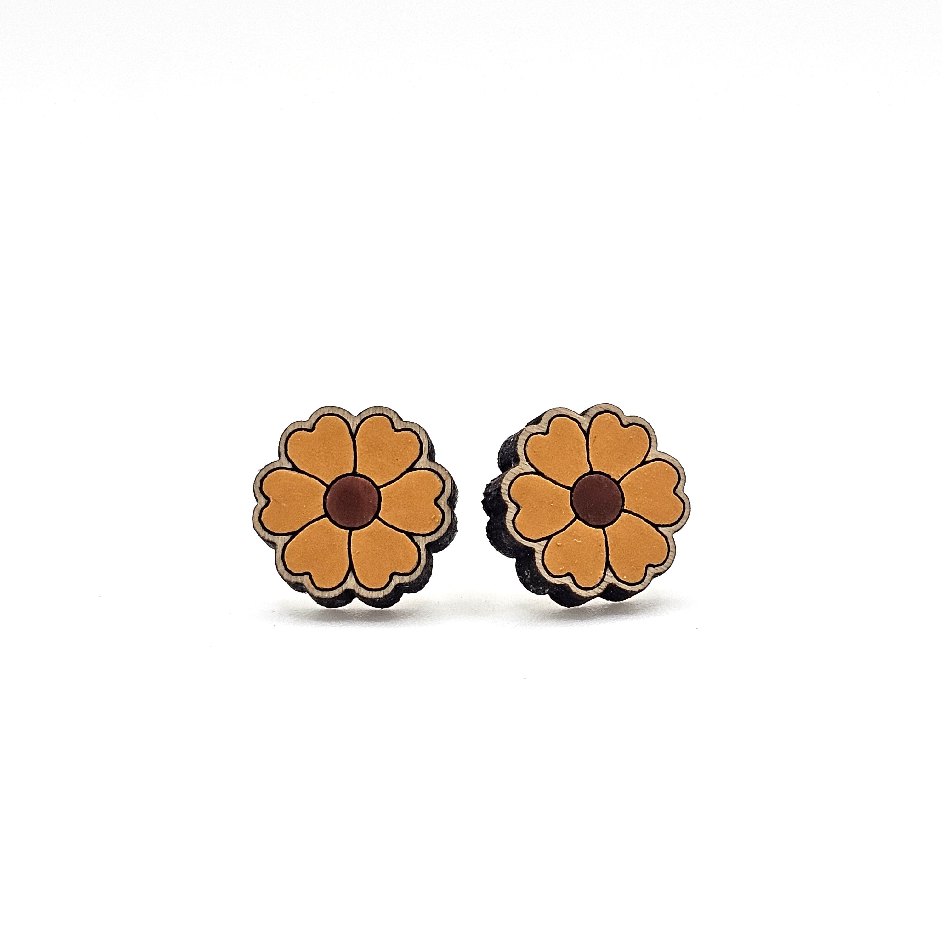 Heart Petal Flower Stud Earrings | Hand-Painted Wood | Surgical Steel - SEHOS11