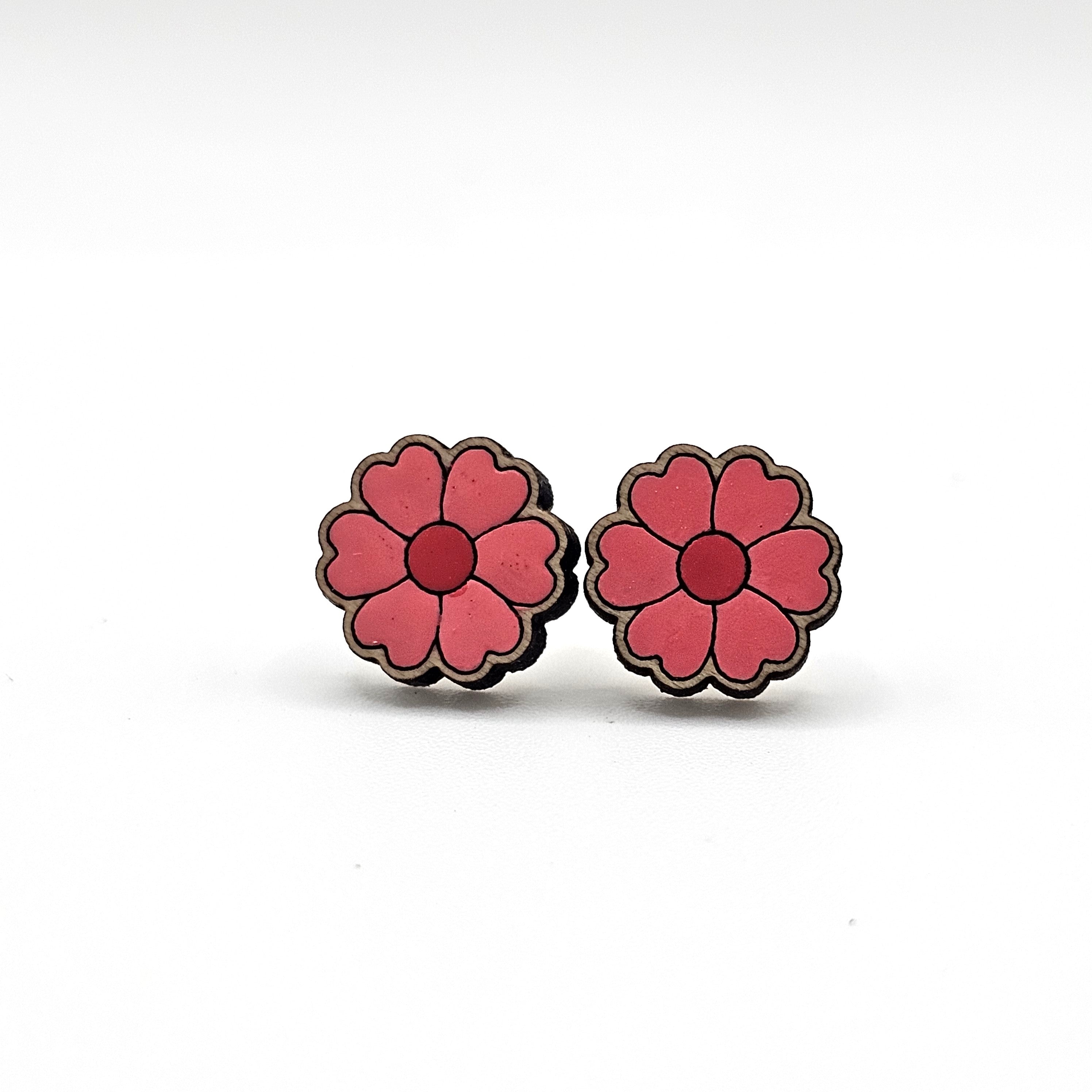 Heart Petal Flower Stud Earrings | Hand-Painted Wood | Surgical Steel - SEHOS11