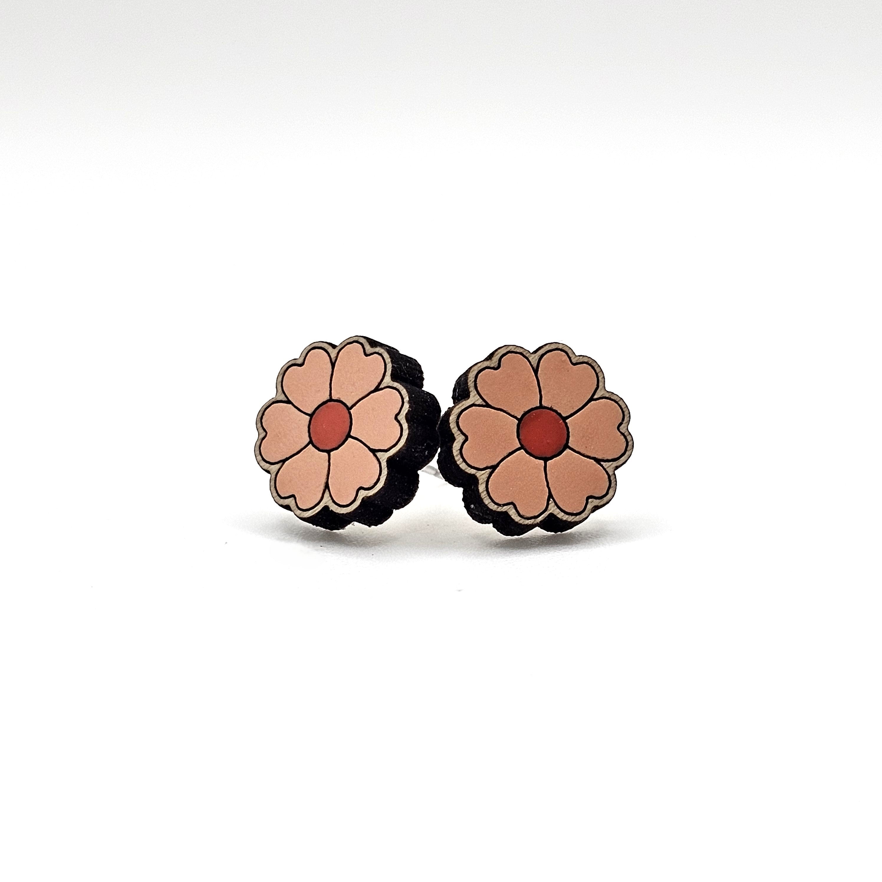 Heart Petal Flower Stud Earrings | Hand-Painted Wood | Surgical Steel - SEHOS11