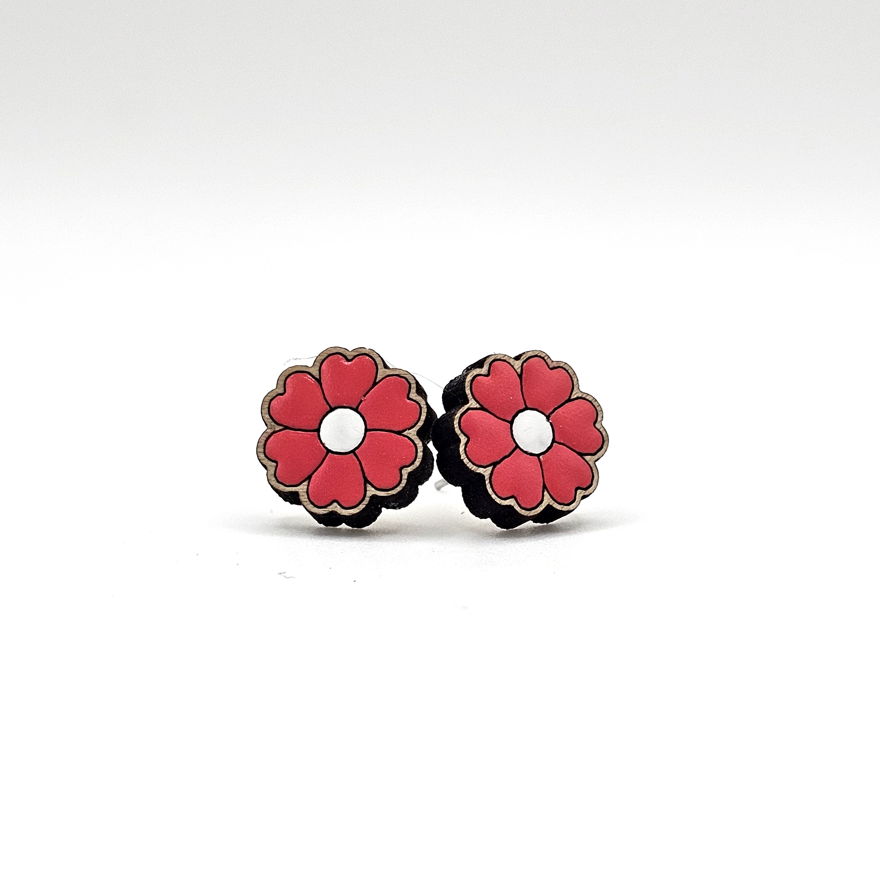 Heart Petal Flower Stud Earrings | Hand-Painted Wood | Surgical Steel - SEHOS11