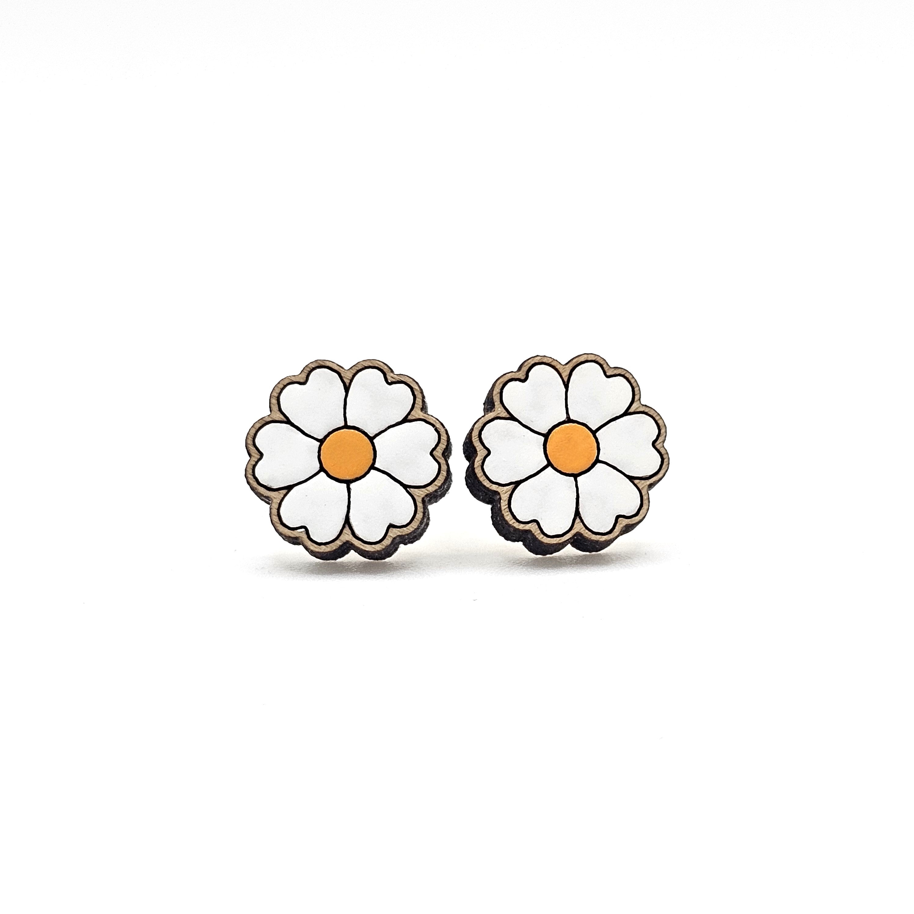 Heart Petal Flower Stud Earrings | Hand-Painted Wood | Surgical Steel - SEHOS11