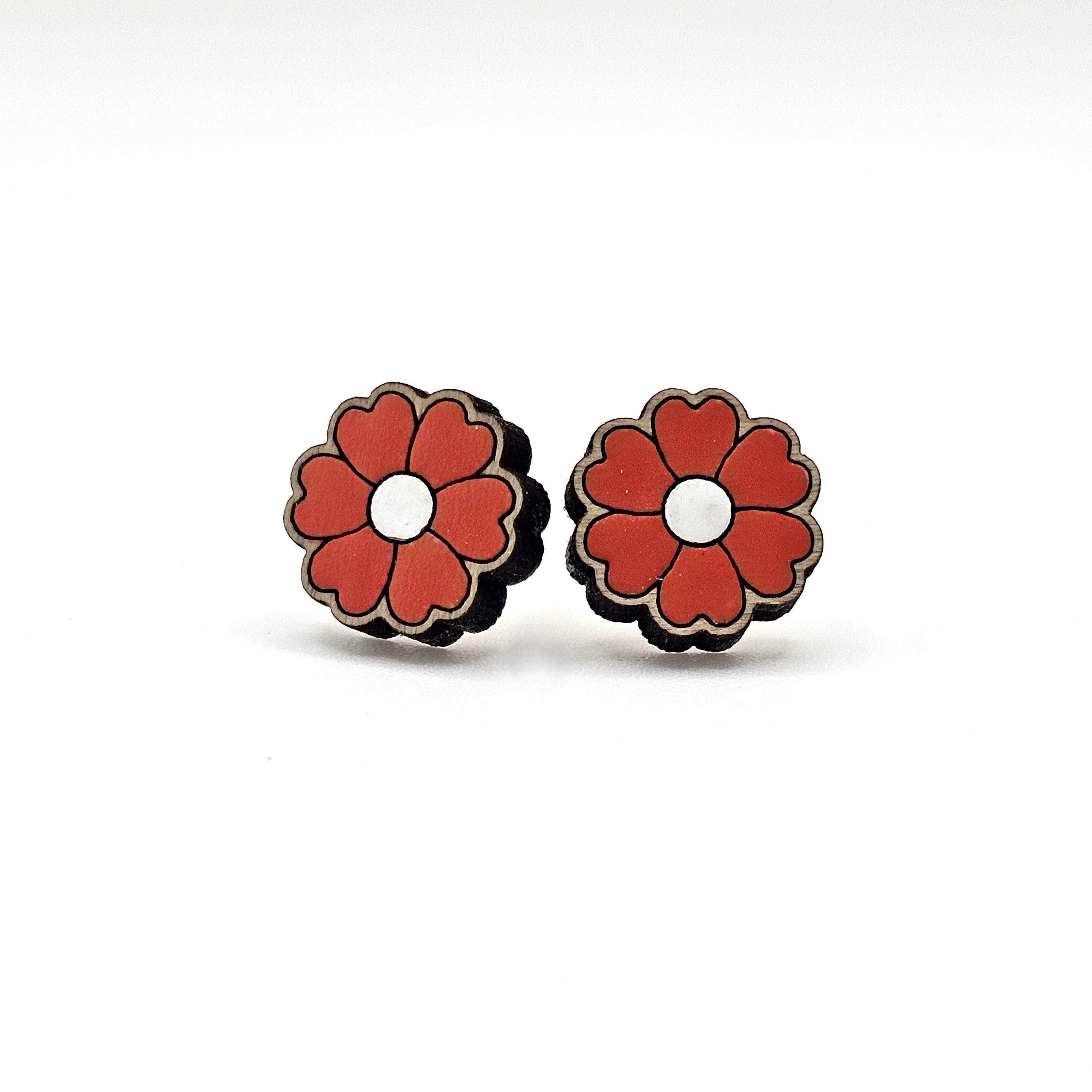 Heart Petal Flower Stud Earrings | Hand-Painted Wood | Surgical Steel - SEHOS11