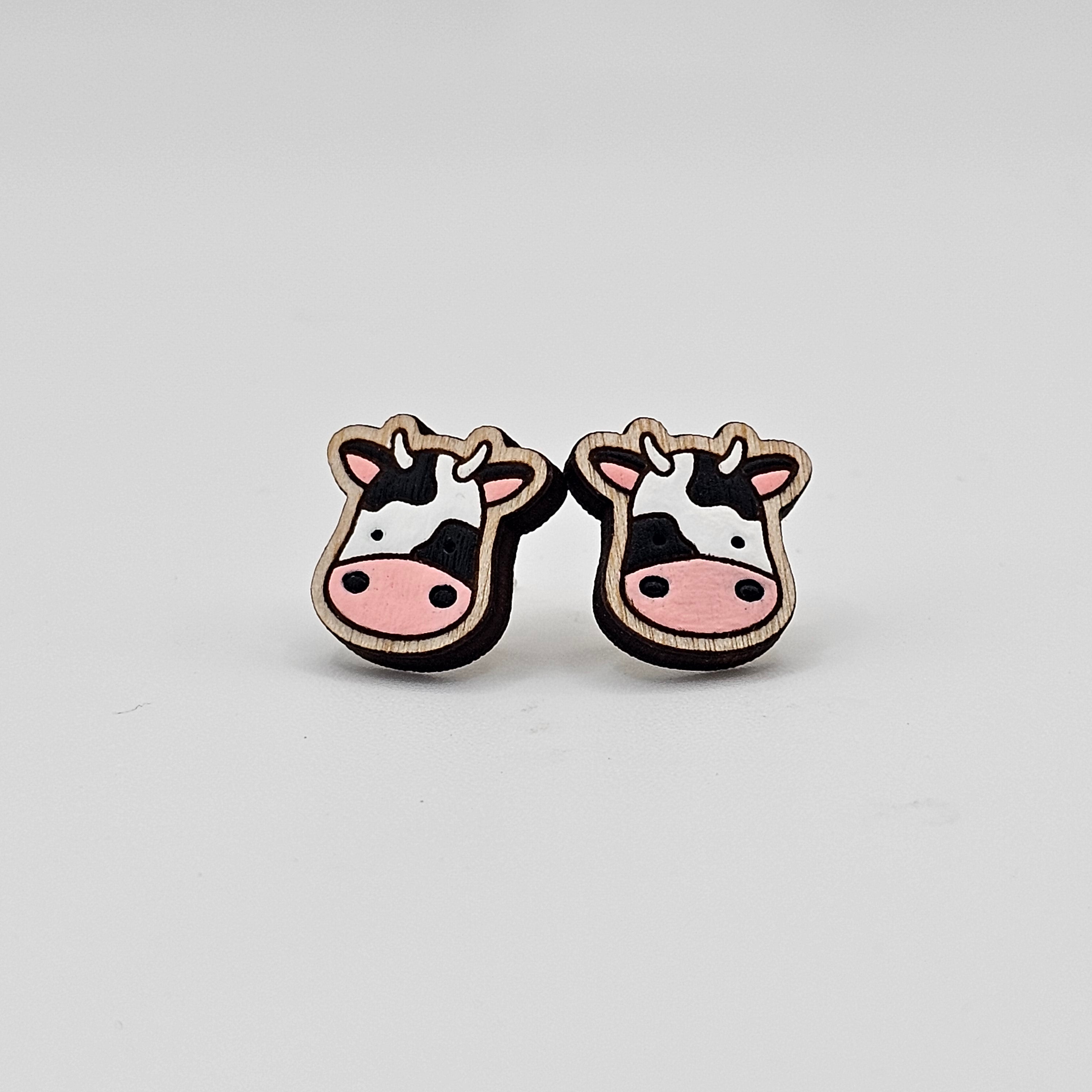 Cow Stud Earrings | Hand-Painted Wood | Surgical Steel - SEHPX7