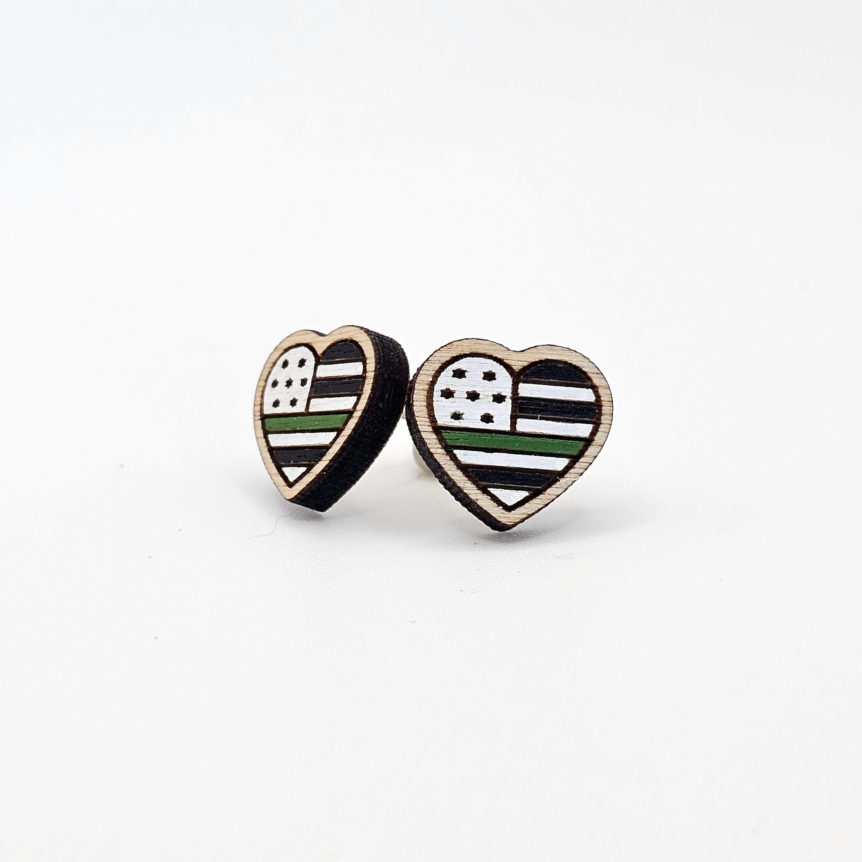 Thin Green Line Flag Heart Stud Earring | Hand-Painted | Surgical Steel - SEHPX72