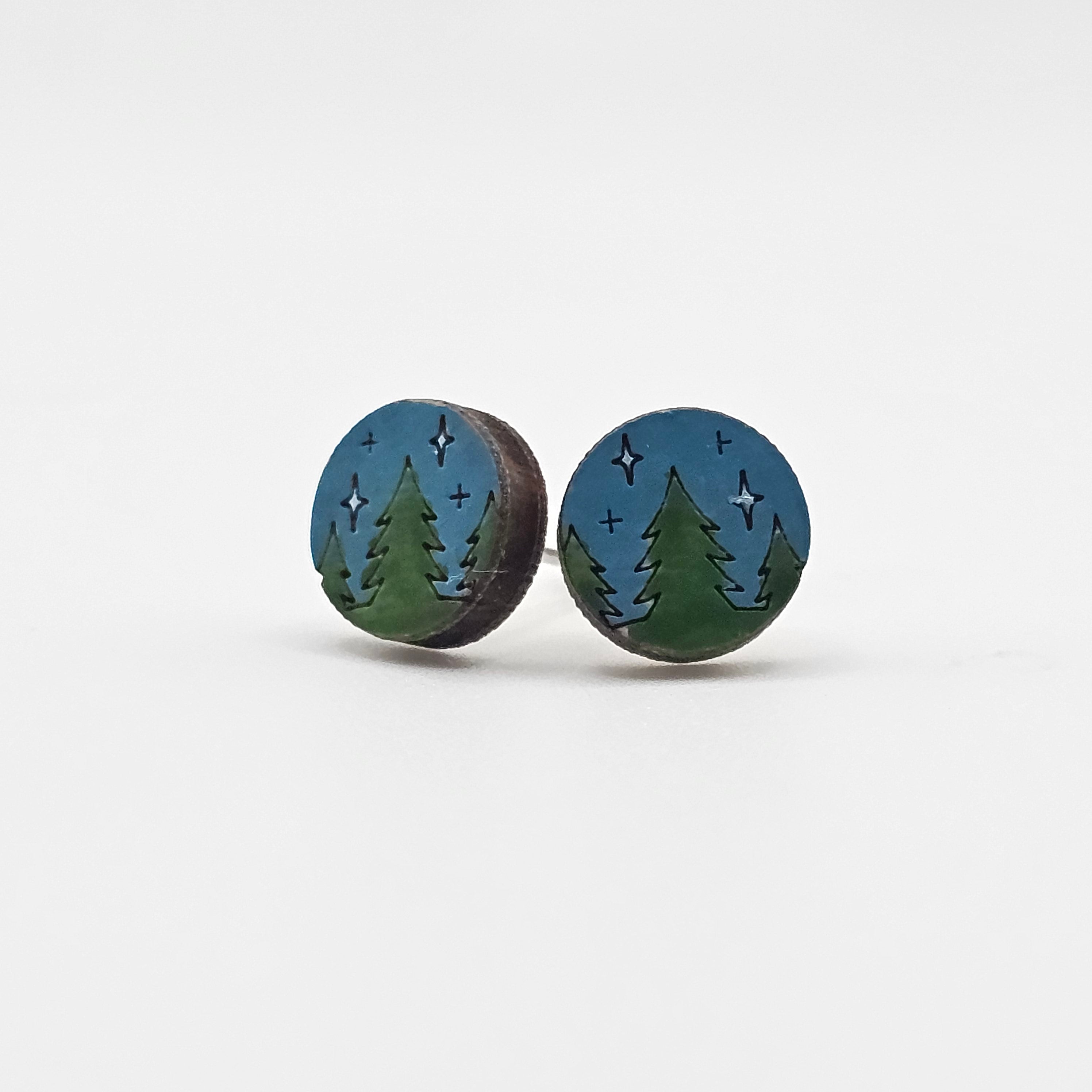 Starry Night Forest Stud Earrings | Laser Engraved Wood | Surgical Steel - SEHSM2