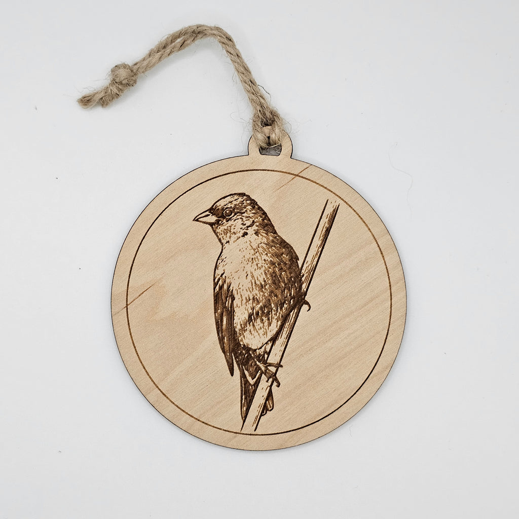 Indigo Bunting wildlife wood ornament by Deep Creek Engraving, featuring a detailed laser engraved bird illustration on a circular wood disc