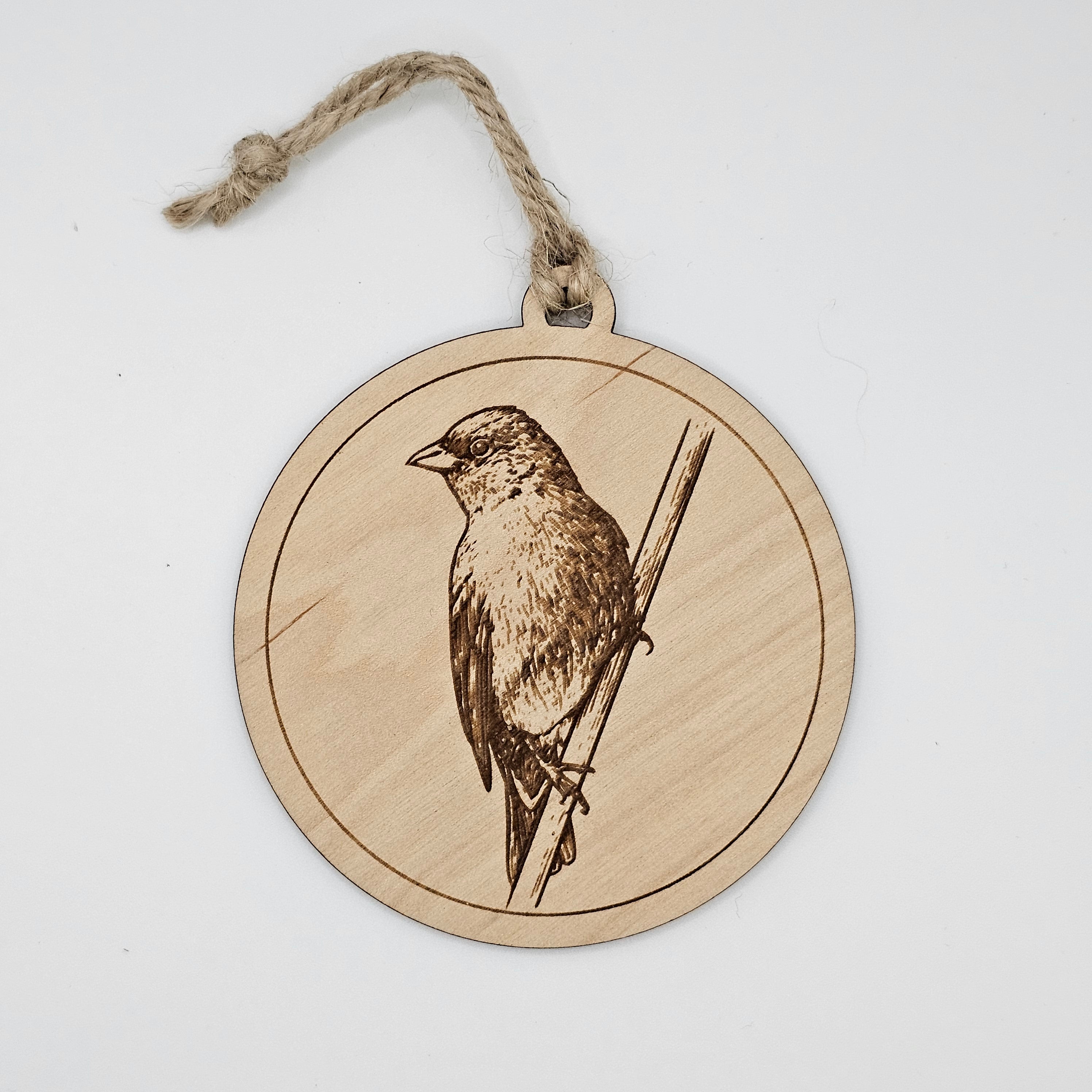 Indigo Bunting wildlife wood ornament by Deep Creek Engraving, featuring a detailed laser engraved bird illustration on a circular wood disc