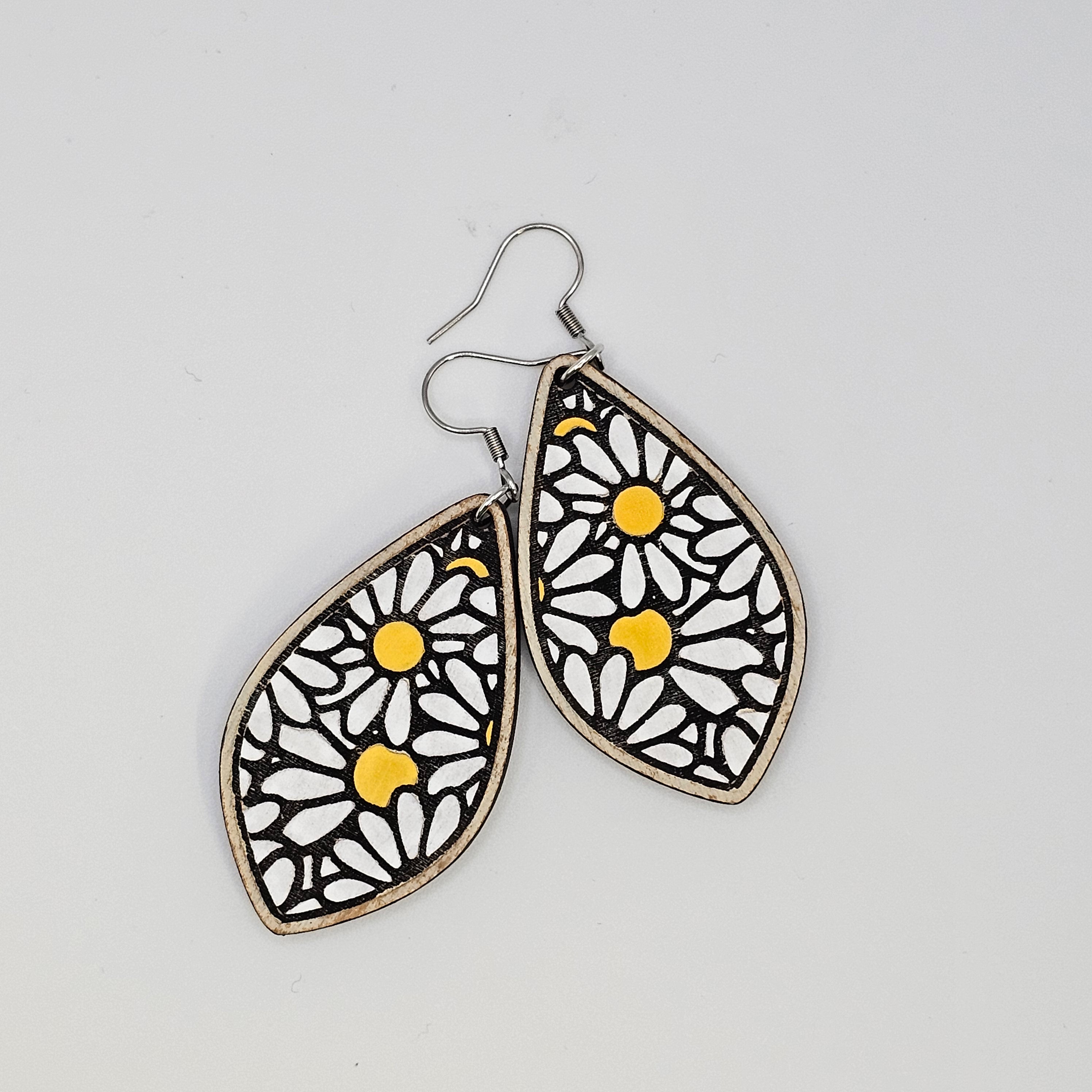 Daisy Bloom Drop Dangle Earrings | Laser Engraved Wood | Surgical Steel - DEHSC2