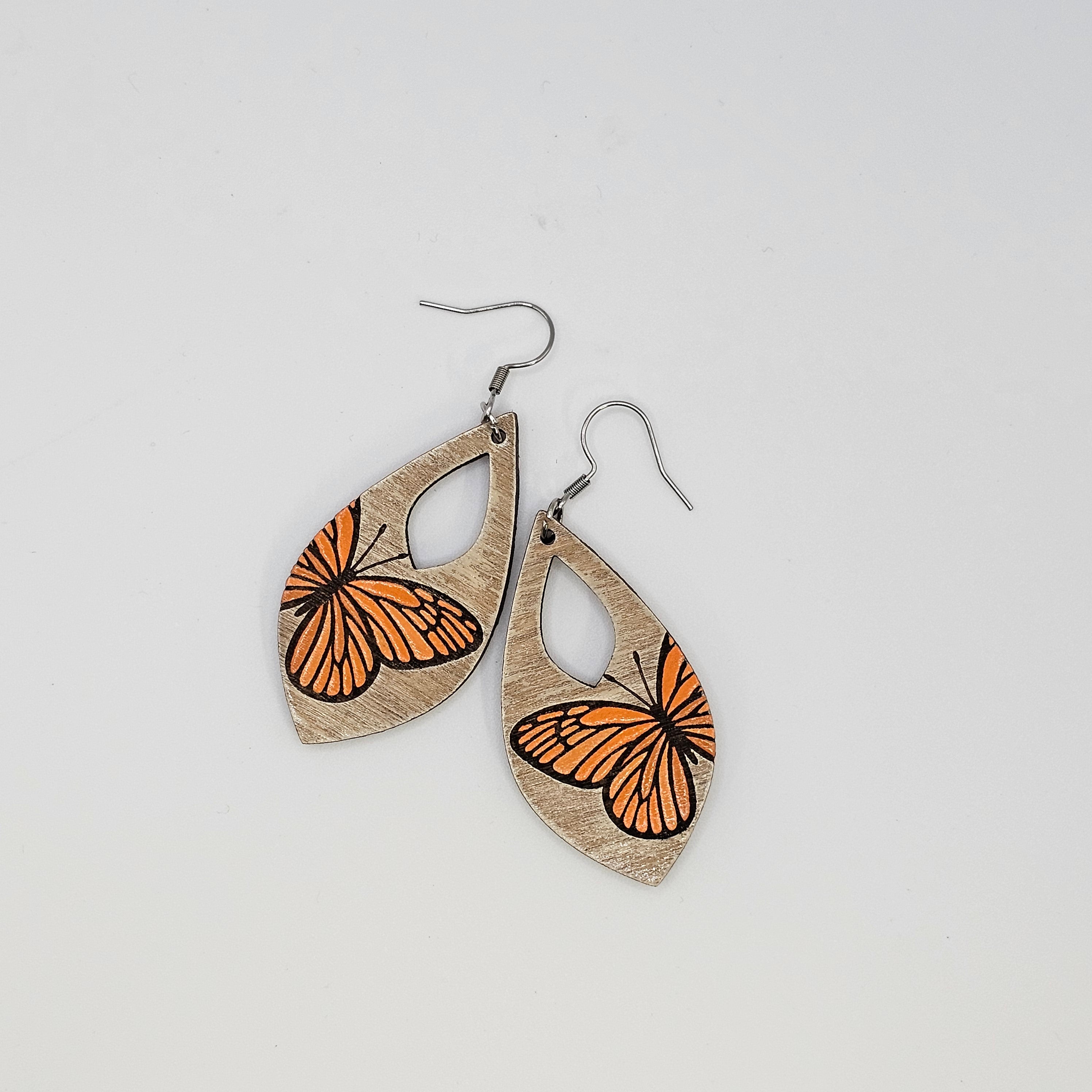 Meadow Butterfly Drop Dangle Earrings | Laser Engraved Wood | Surgical Steel - DEHSC14