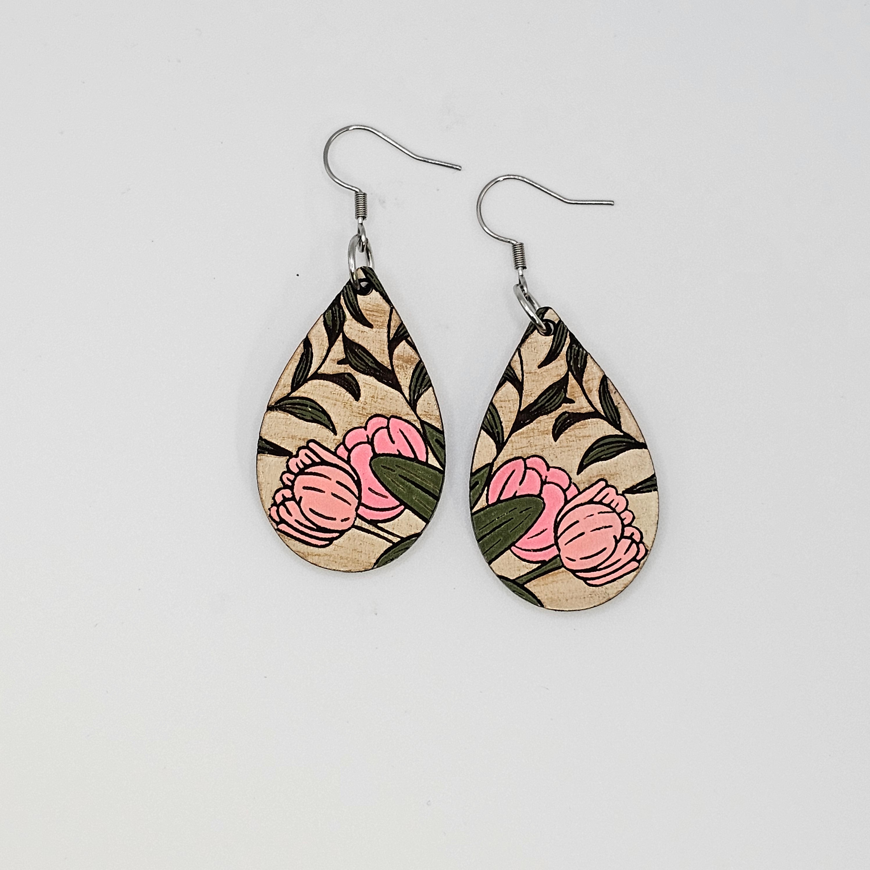Blush Tulip Teardrop Dangle Earrings | Hand-Painted | Surgical Steel - DEHPP16