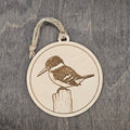 Laser engraved Green Kingfisher wood ornament, featuring a detailed bird illustration perched on a wooden post, hung with natural jute cord