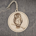 Laser engraved Elf Owl wood ornament, featuring a detailed illustration of the world's smallest owl perched on a branch, hung with natural jute cord