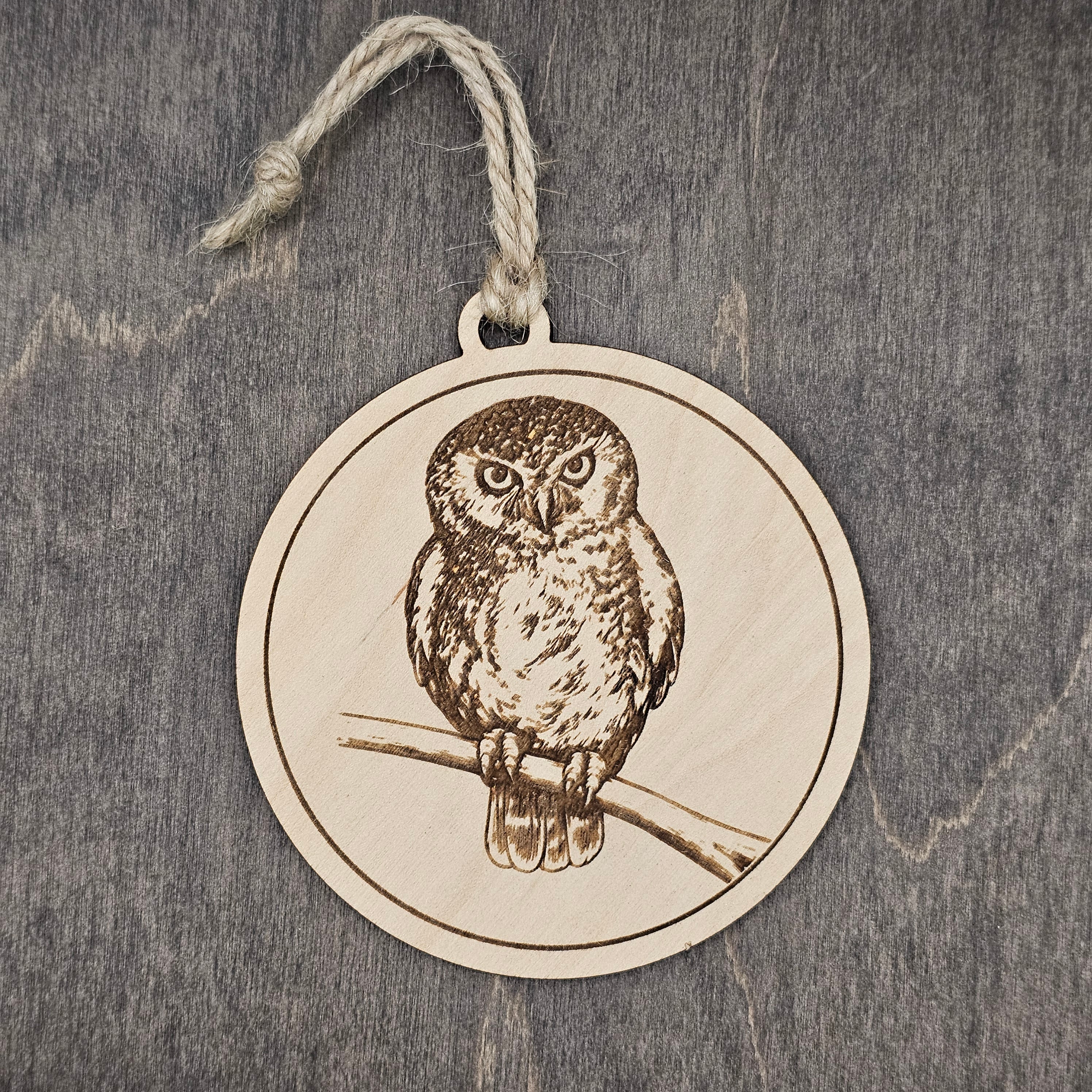 Laser engraved Elf Owl wood ornament, featuring a detailed illustration of the world's smallest owl perched on a branch, hung with natural jute cord