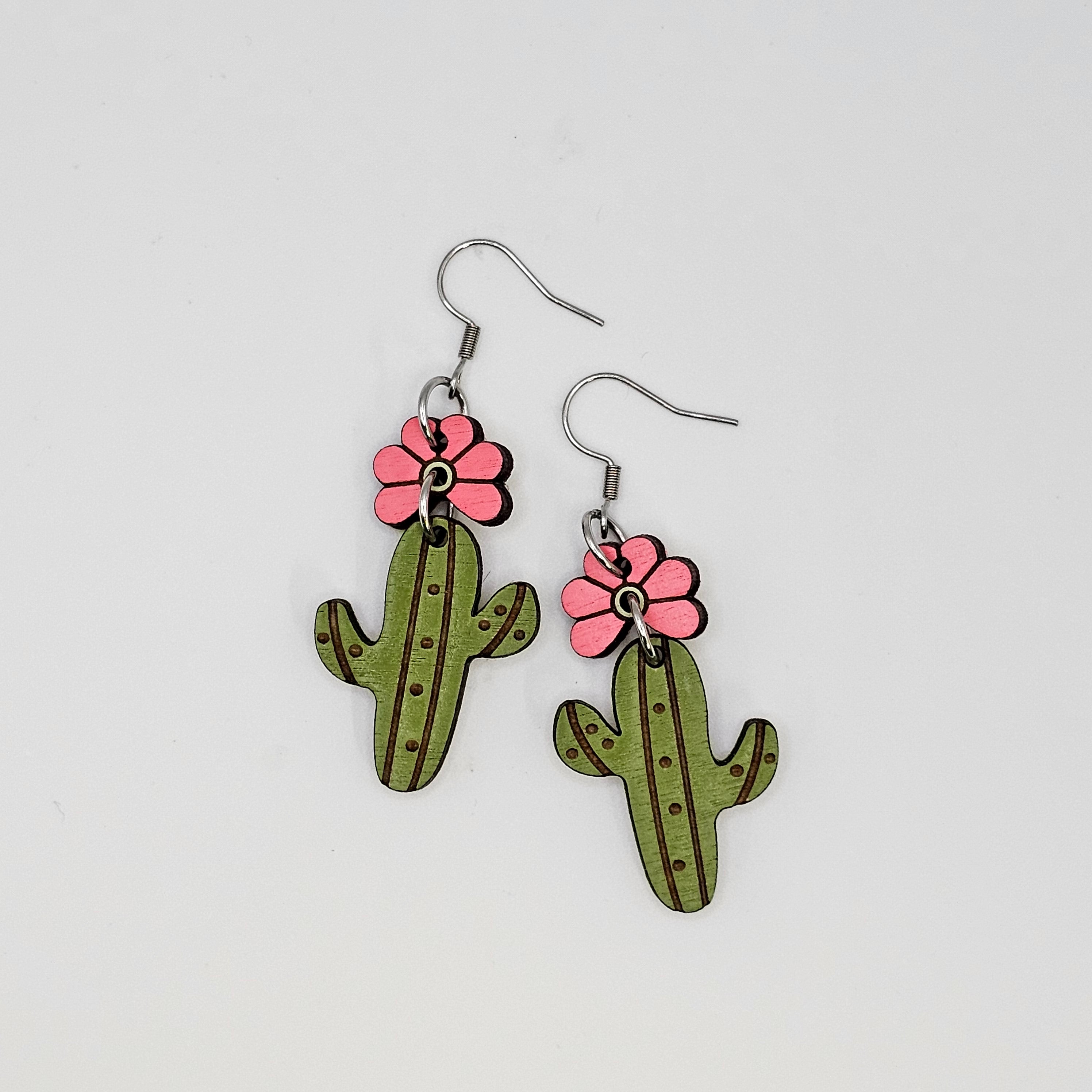 Desert Bloom Cactus Dangle Earrings | Hand-Painted | Surgical Steel - DEHPP83