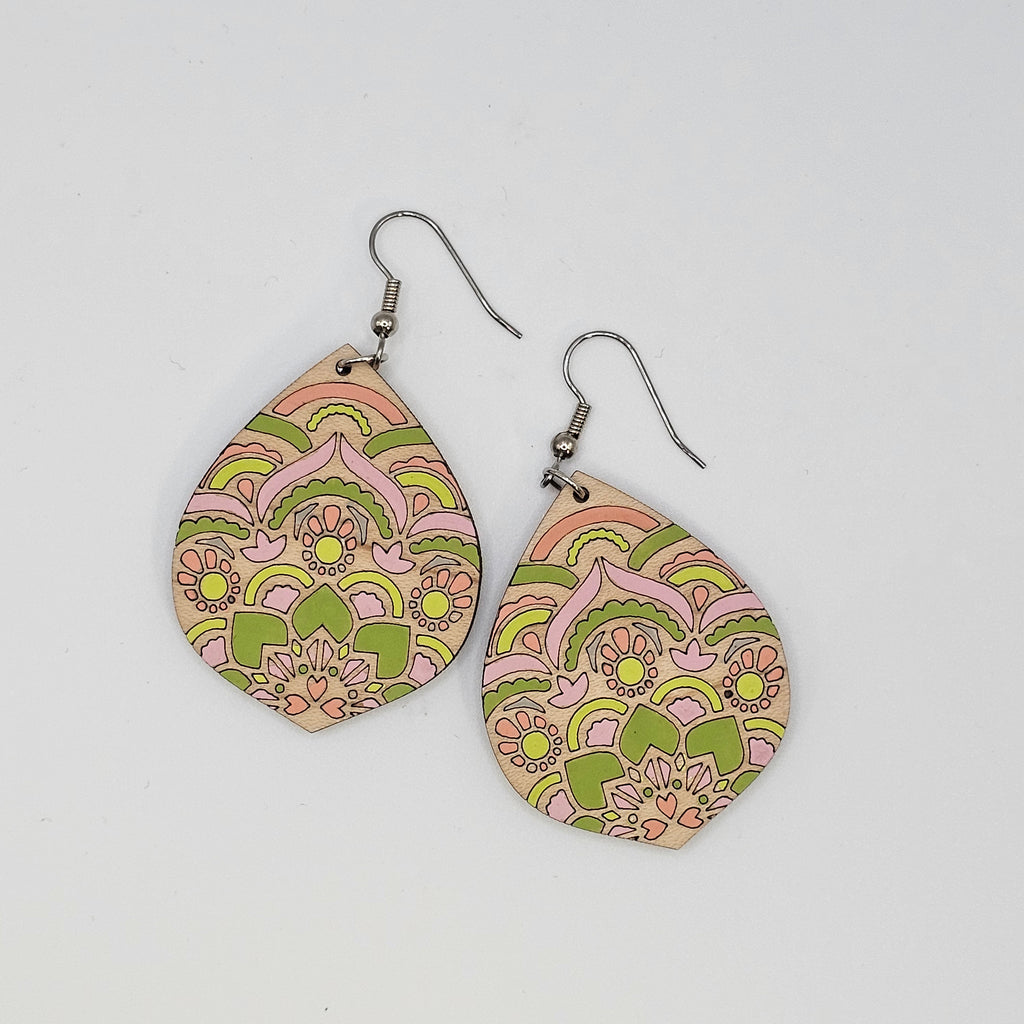 Spring Mandala Teardrop Dangle Earrings | Laser Engraved Wood | Surgical Steel - DEHAJ2-P